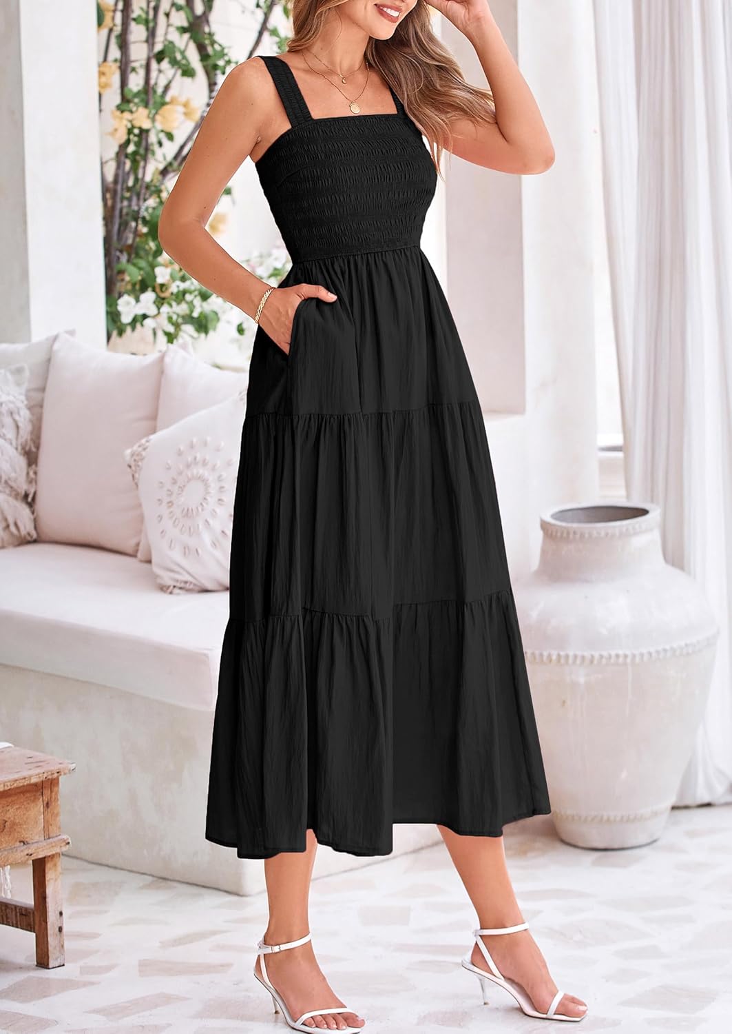 Womens Smocked Summer  Ruffle A Line Long Flowy Dresses Cute Sleeveless Beach Sundress Midi Dress