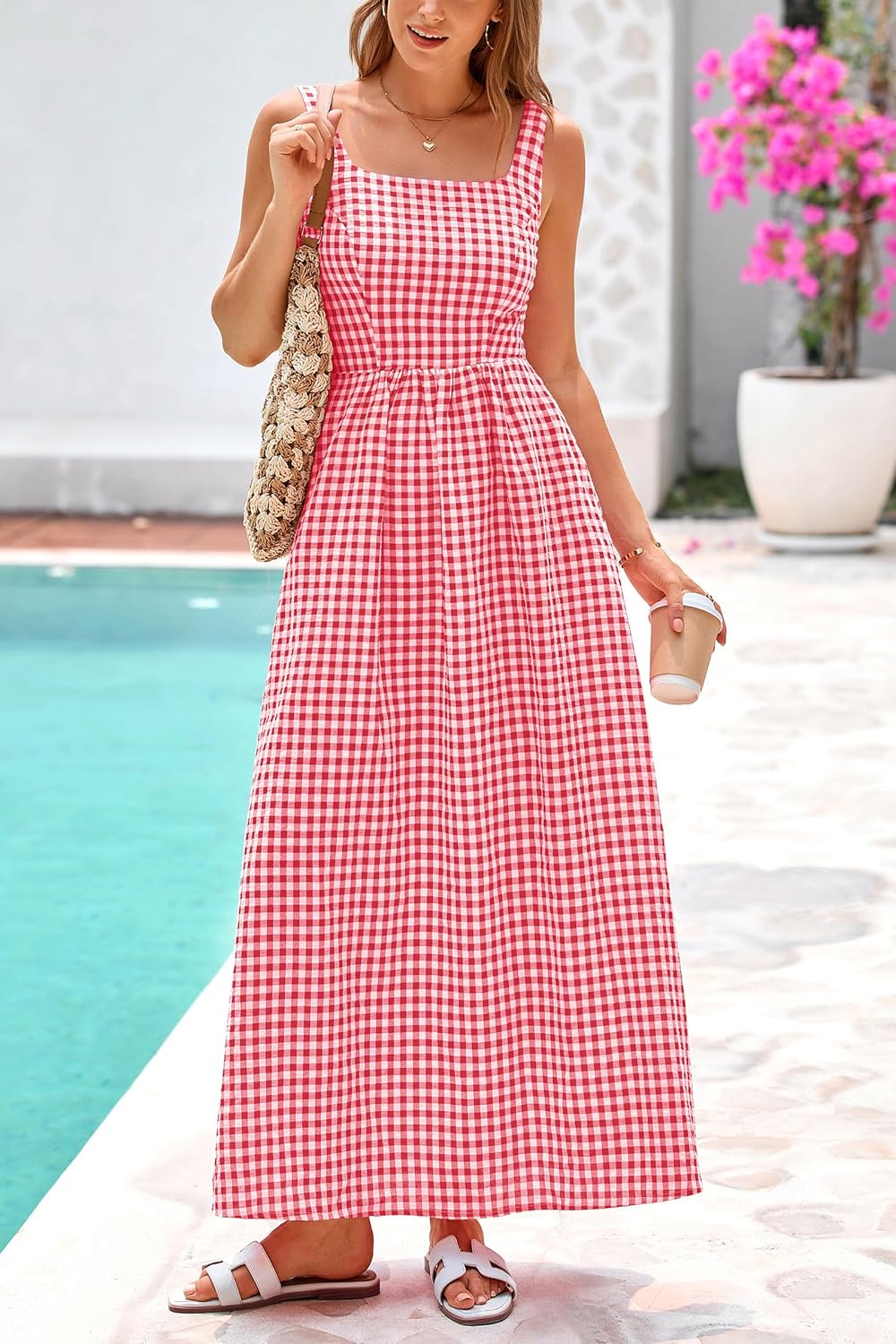 Women's Summer Spaghetti Strap Maxi Dresses Plaid Square Neck A Line Smocked Casual Vacation Long Sundress