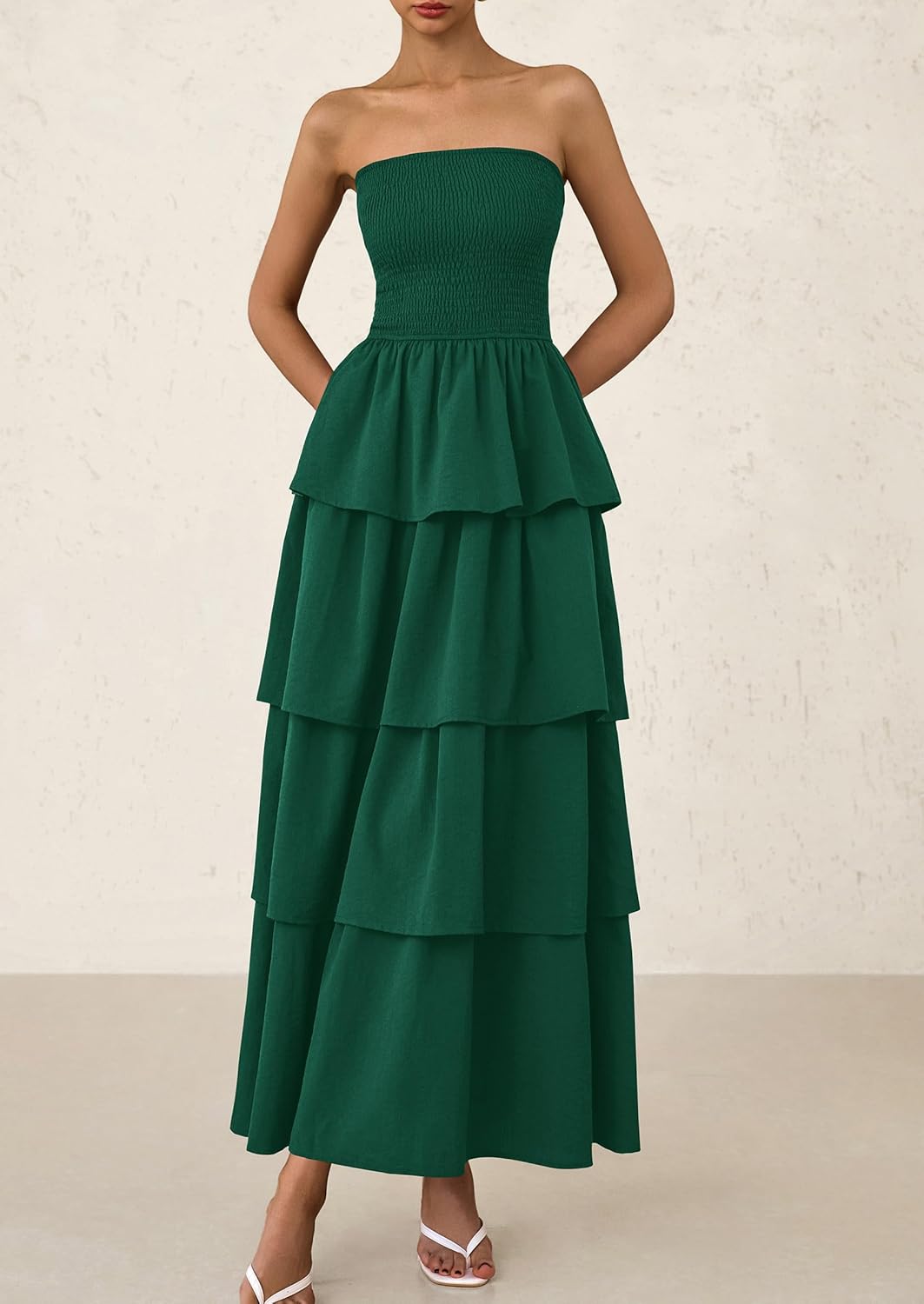 PRETTYGARDEN Maxi Dresses for Women Off Shoulder Smocked Tiered Ruffle Long Flowy Wedding Guest Dress