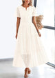 Womens 2025 Summer Maxi Dress Short Sleeve V Neck Hollow Out Eyelet A Line Long Flowy Beach Vacation Dresses