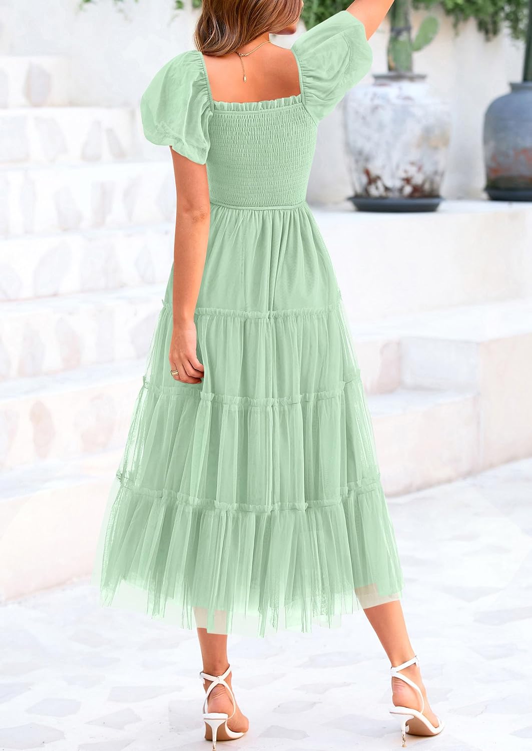 Women's Smocked Midi Tulle Dress 2025 Summer Puffy Short Sleeve Square Neck Ruffle Wedding Guest Party Dresses