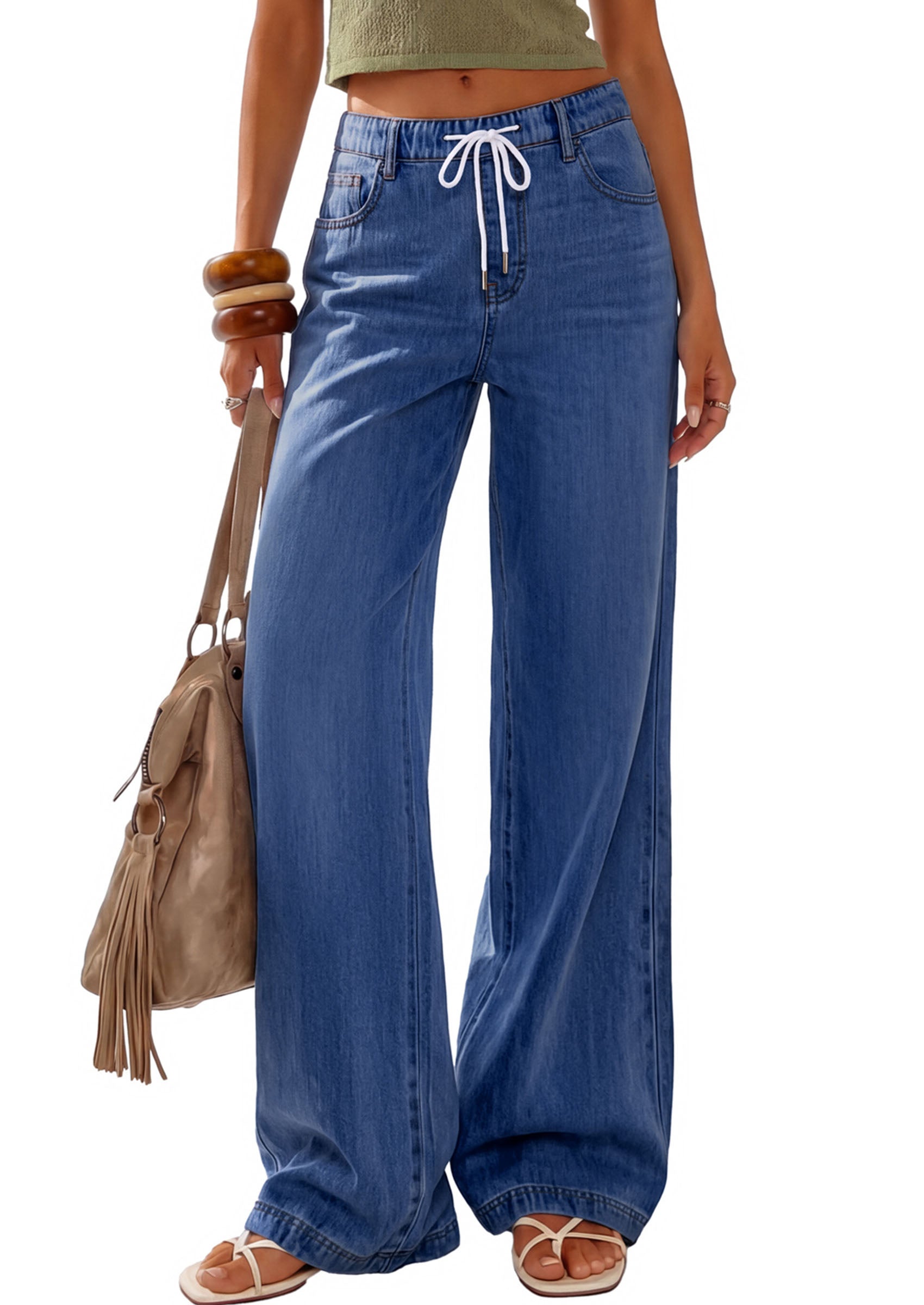 PRETTYGARDEN Womens Wide Leg Jeans High Waisted Stretchy Baggy Straight Leg Drawstring Trendy Denim Pants 2026 Summer