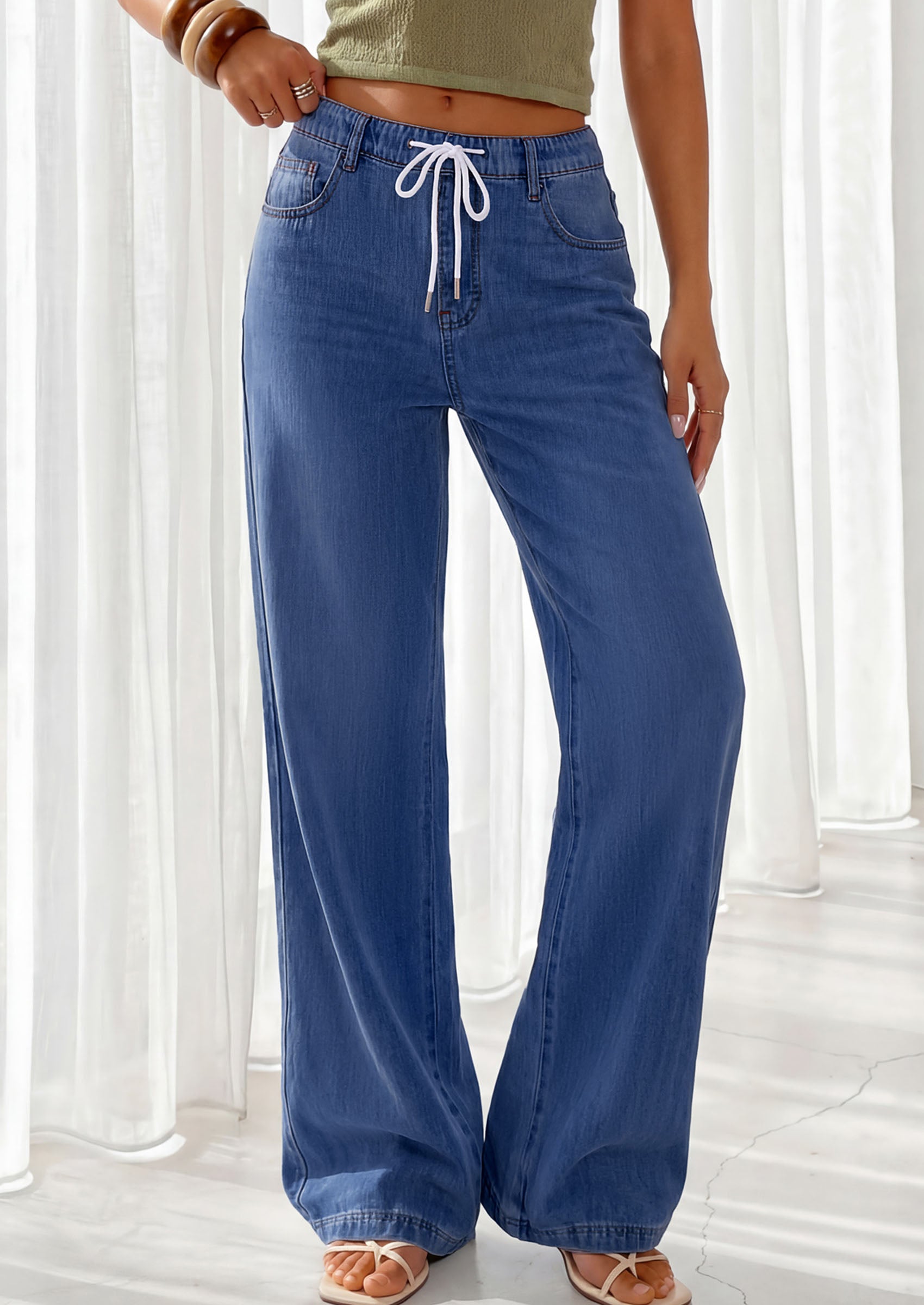 PRETTYGARDEN Womens Wide Leg Jeans High Waisted Stretchy Baggy Straight Leg Drawstring Trendy Denim Pants 2026 Summer