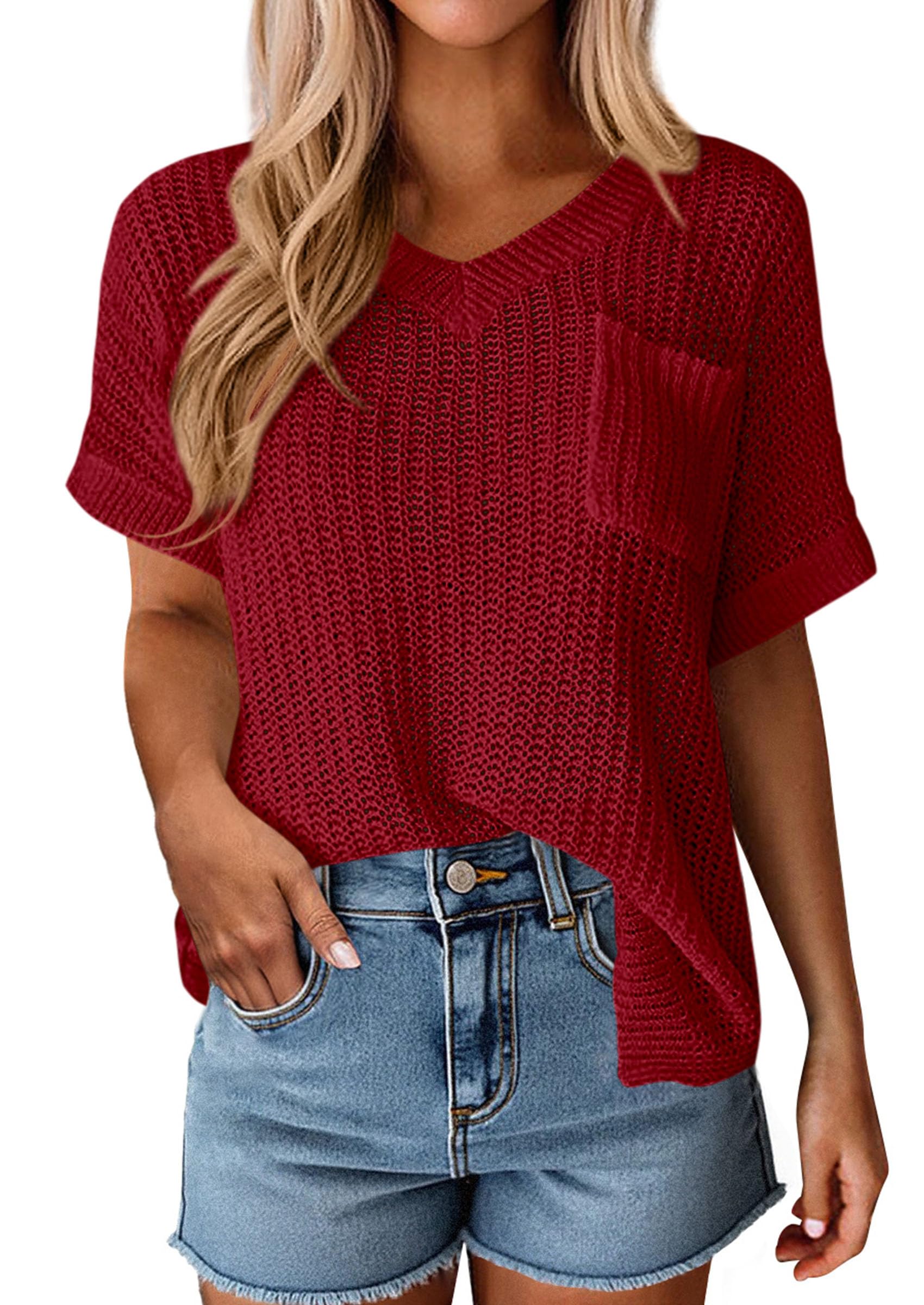 PRETTYGARDEN Women's Spring Short Sleeve Sweaters Lightweight V Neck Casual Going Out Summer T PRETTYGARDEN