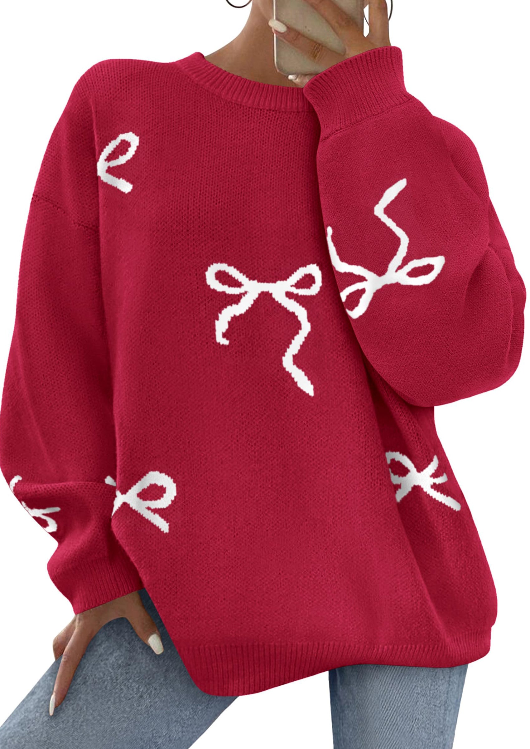 PRETTYGARDEN Fall Long Sleeve Pullover Sweaters for Women Trendy Crewneck Casual Cute Bow Chunky Knit Oversized Sweater