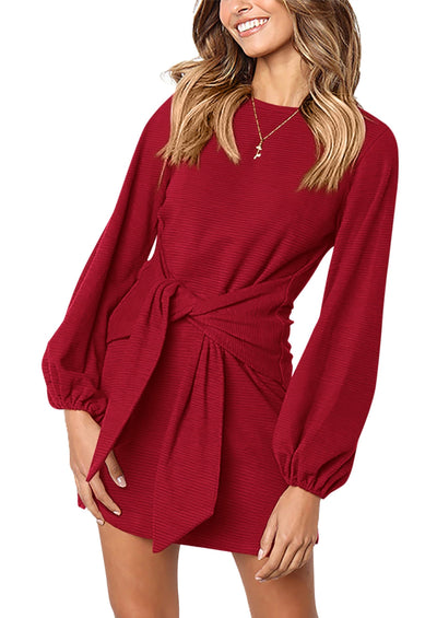 PRETTYGARDEN Womens Fall Elegant Long Lantern Sleeve Short Dress Wedding Guest Crewneck Tie Waist Knit Cocktail Dresses PRETTYGARDEN