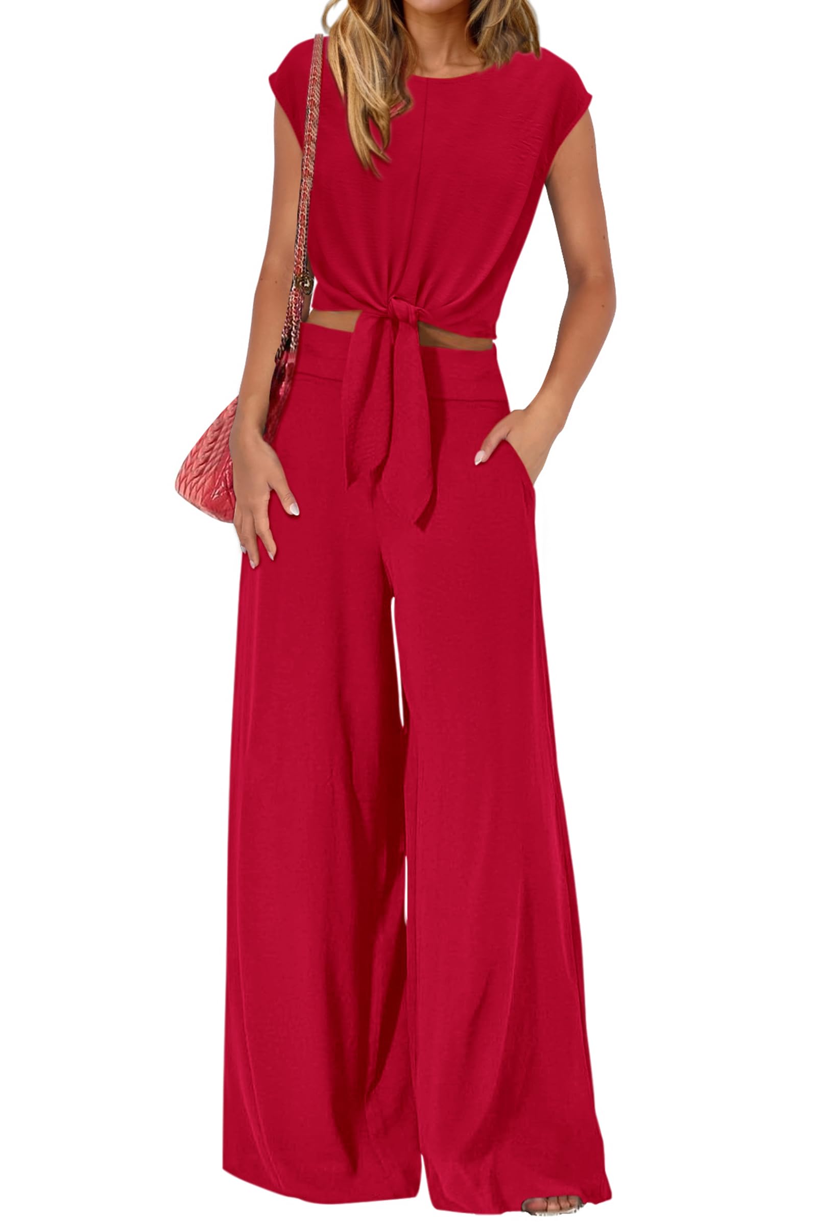 PRETTYGARDEN Women 2 Piece Lounge Sets Casual Summer Outfits Cap Sleeve Strappy Crop Tops Wide Leg Pant Tracksuit PRETTYGARDEN