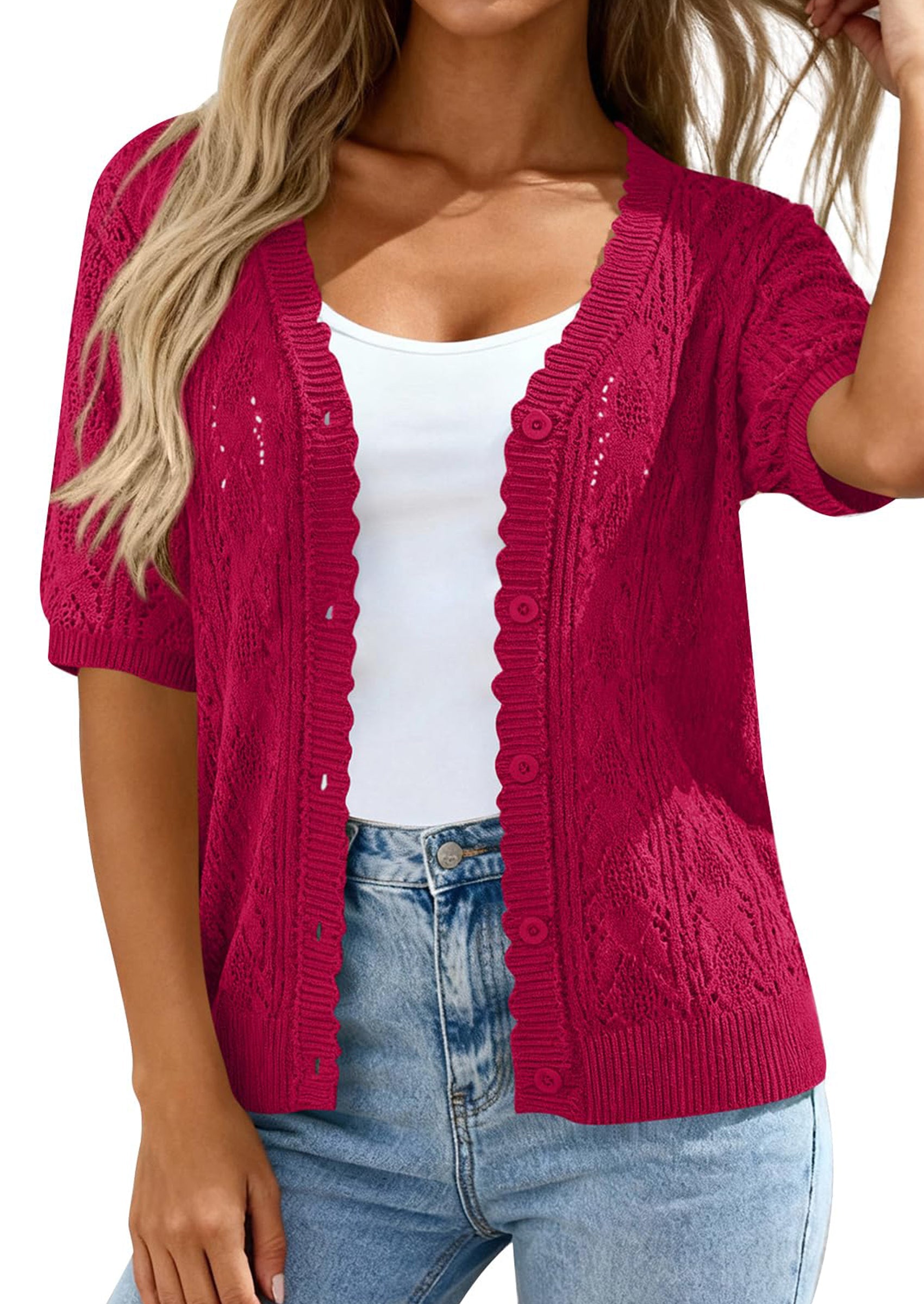 PRETTYGARDEN Short Sleeve Crochet Knit Summer Cardigans for Women Lightweight Button Down Hollow Out Sweater Beach Cover Up PRETTYGARDEN