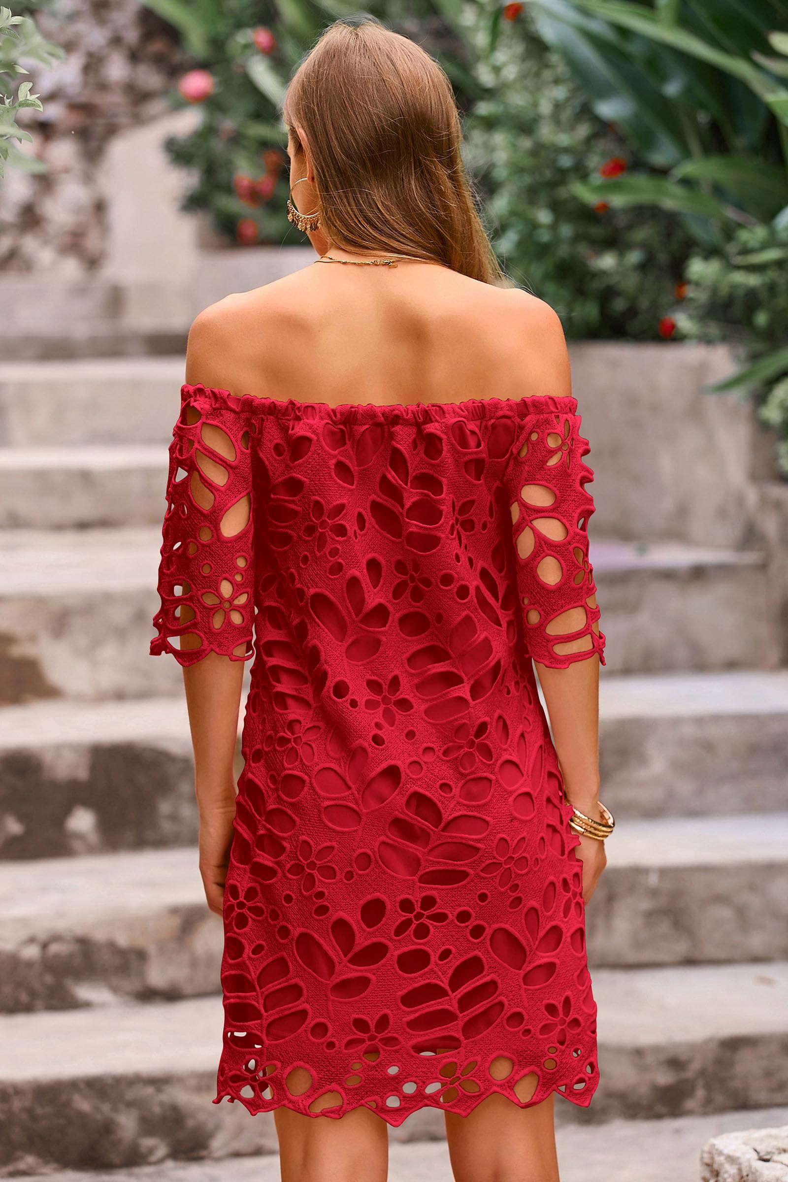 PRETTYGARDEN Women's Summer Off Shoulder Dresses Floral Lace Flare Short Sleeve Spring Vintage Elegant Mini Dress