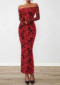 PRETTYGARDEN Womens Off The Shoulder Floral Maxi Bodycon Dress Fall Long Sleeve Mesh Fitted Long Formal Wedding Guest Dresses PRETTYGARDEN