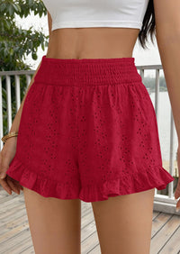 PRETTYGARDEN Summer Shorts for Women Boho Elastic Waist Ruffle Casual Hollow Out Embroidered Beach Bottoms with Pockets PRETTYGARDEN