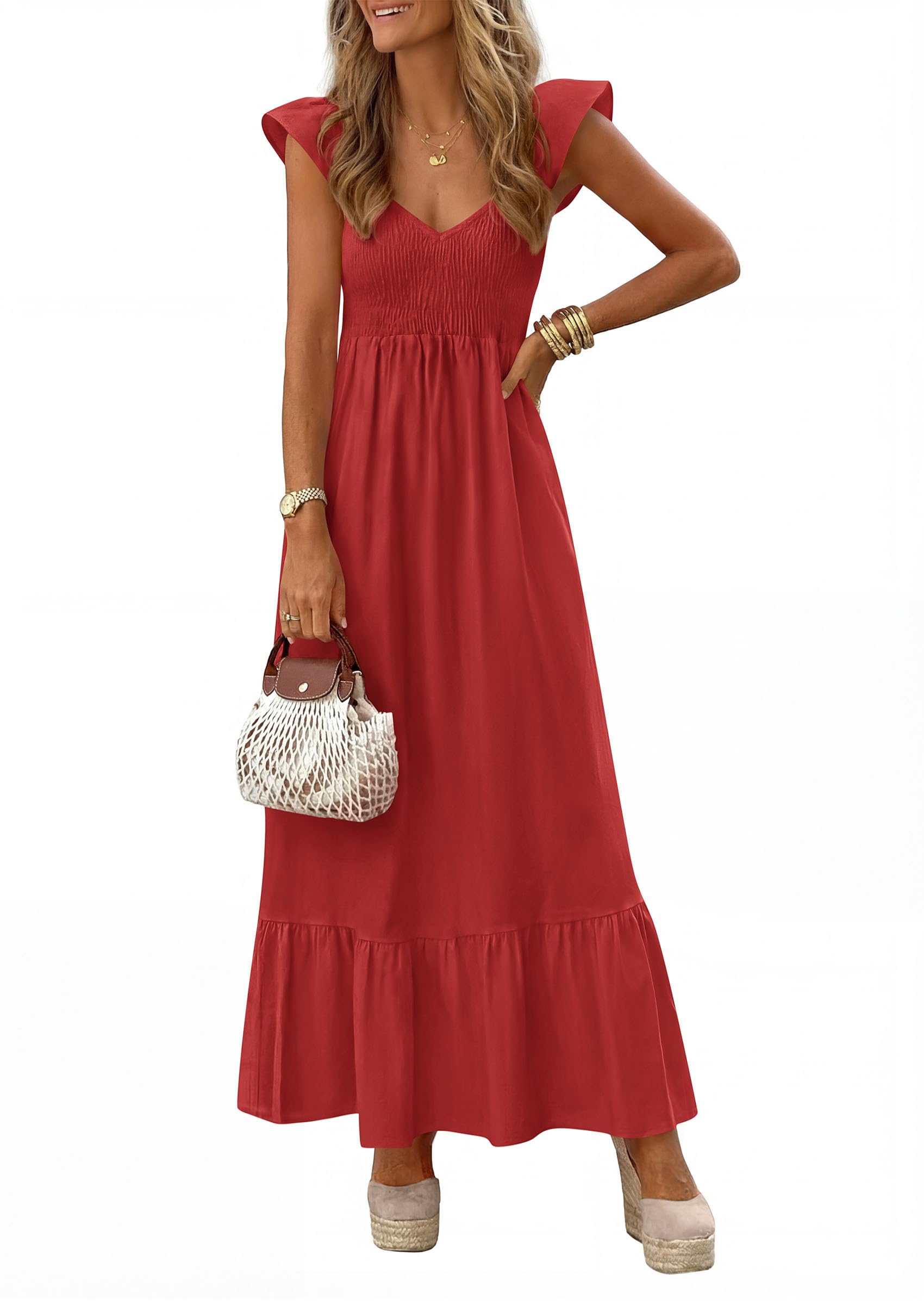 PRETTYGARDEN Women's Summer Casual Maxi Dresses Cap Sleeve V Neck Smocked Long Pockets Party Sundress Vacation Outfits PRETTYGARDEN