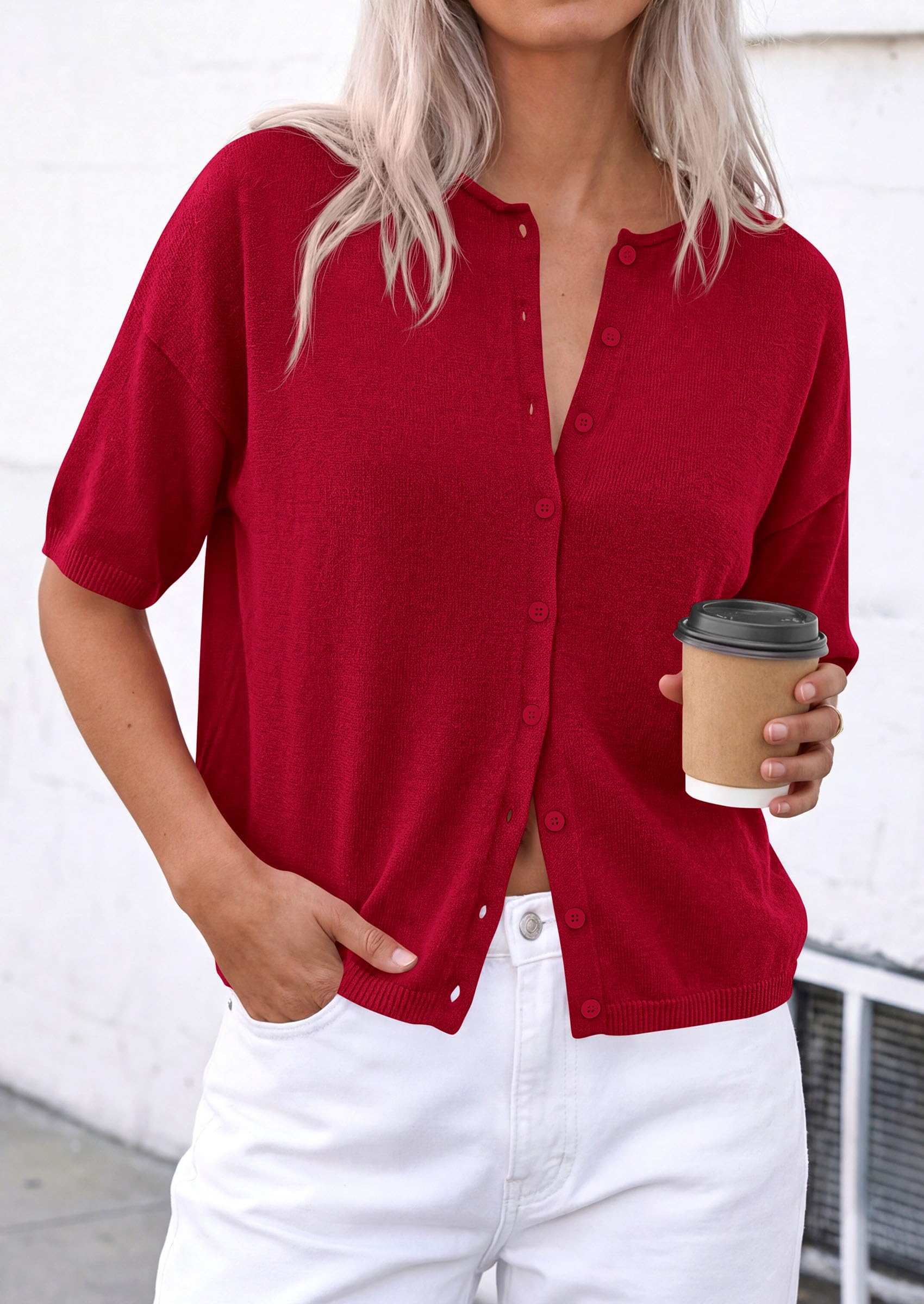 PRETTYGARDEN Women Spring Short Sleeve Cardigan Sweaters Button Down Knit Shirt Blouse Dressy Casual Tops Summer Outfits PRETTYGARDEN