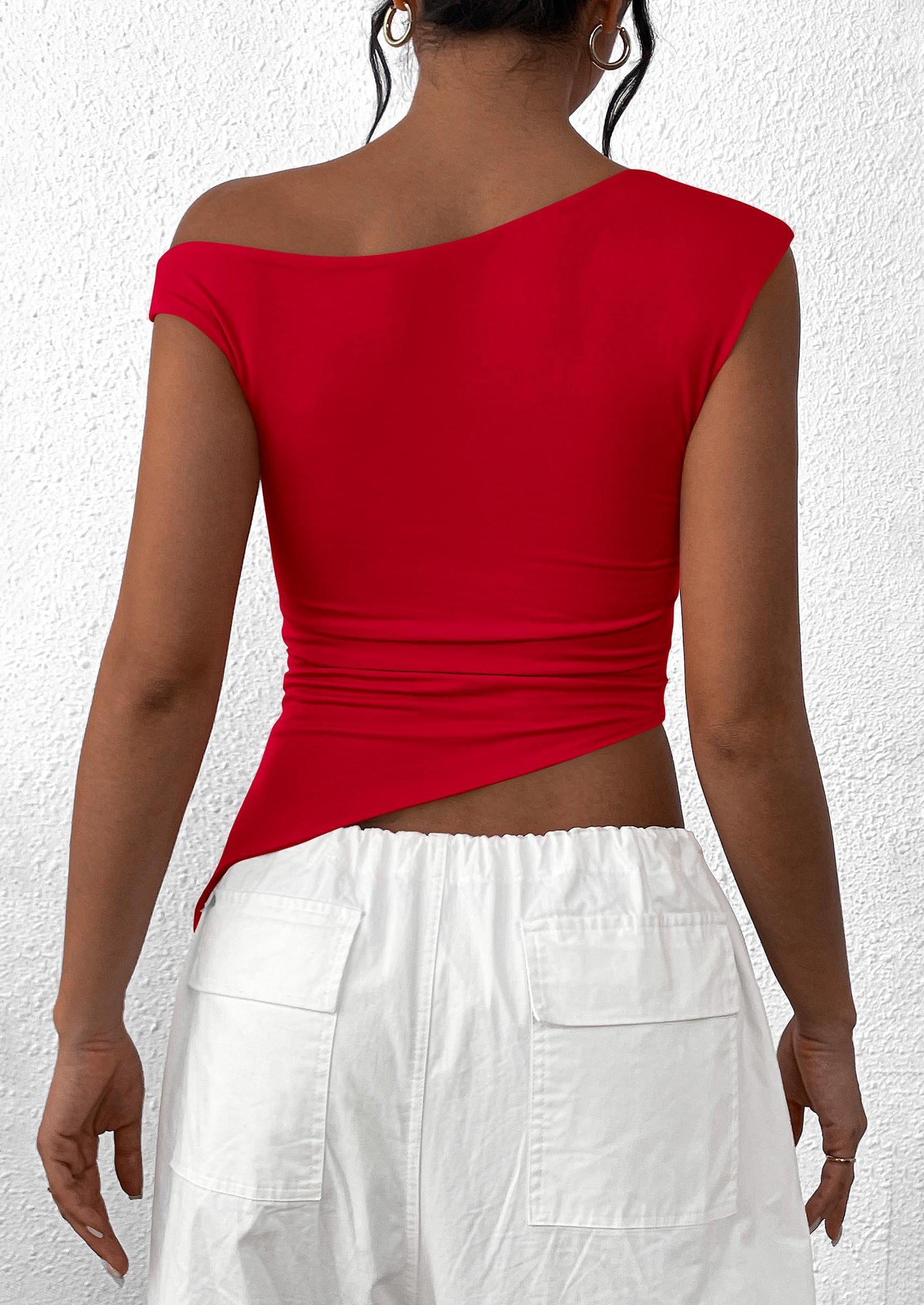 PRETTYGARDEN Womens Off The Shoulder Tops Summer Sleeveless One Shoulder Ruched Asymmetrical Y2K Going Out Crop Tank Top