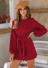 PRETTYGARDEN Womens Fall Elegant Long Lantern Sleeve Short Dress Wedding Guest Crewneck Tie Waist Knit Cocktail Dresses PRETTYGARDEN