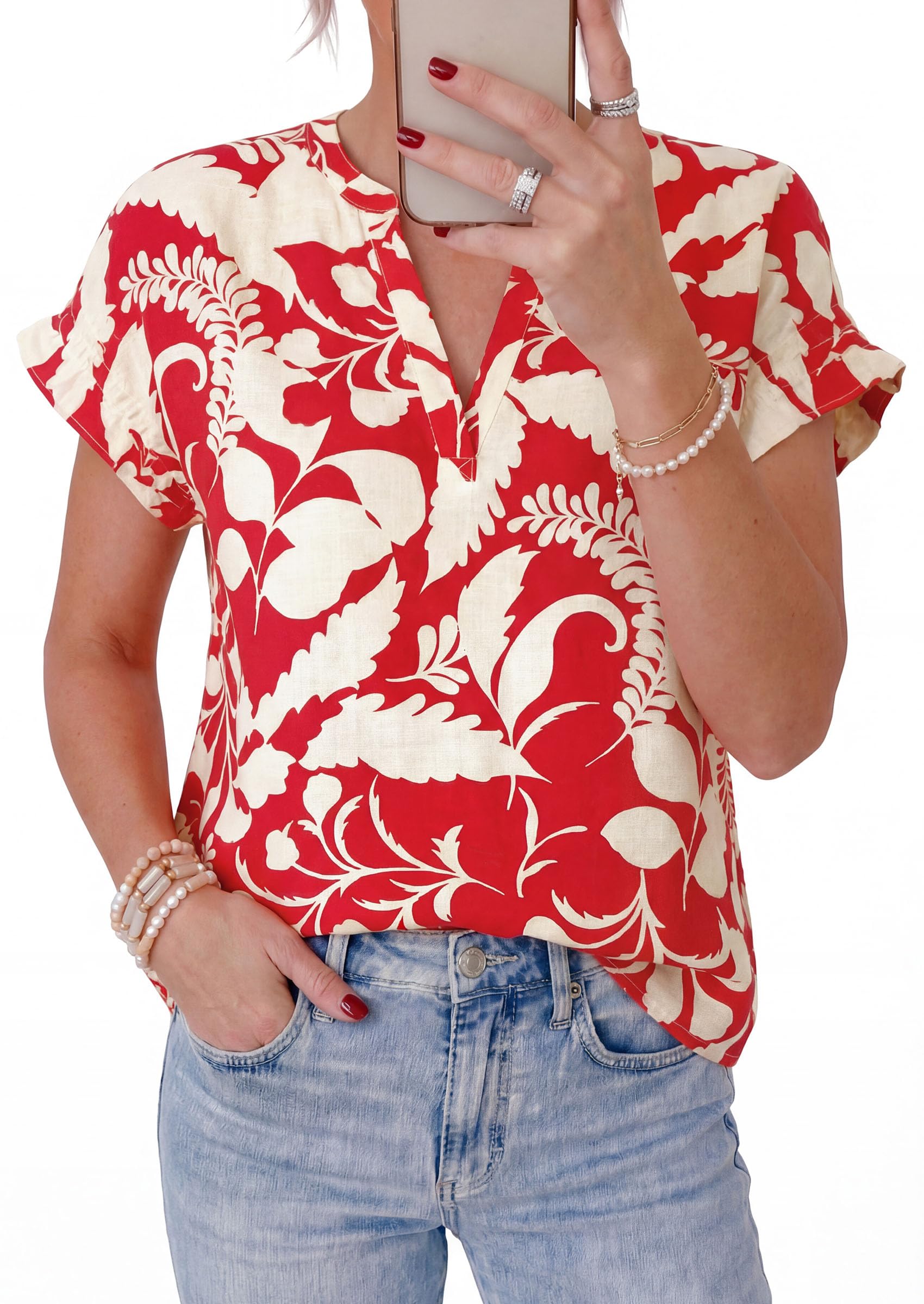 PRETTYGARDEN Womens Floral Print Short Sleeve Summer Tops Trendy V Neck Loose Boho Shirts Casual Work Blouses PRETTYGARDEN