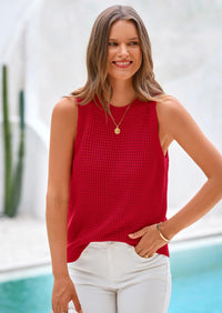 PRETTYGARDEN Summer Crochet Tank Tops for Women Casual Crewneck Hollow Out Loose Knit Sleeveless Sweater Vest Top Trendy PRETTYGARDEN