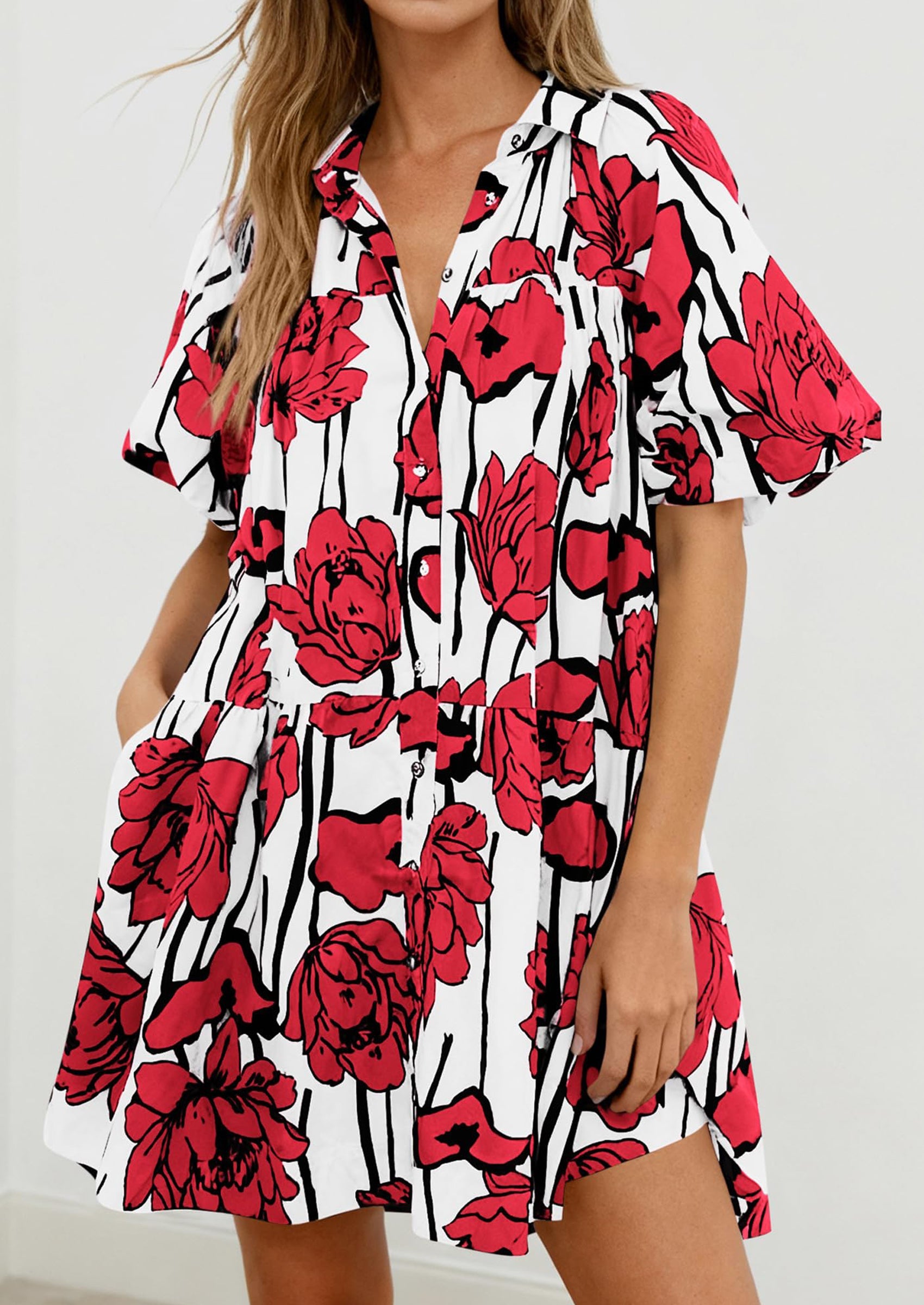 PRETTYGARDEN Womens Summer Dresses 2026 Casual Puff Sleeve Button Down Mini Shirt Dress Boho Floral Babydoll Sun Dress PRETTYGARDEN