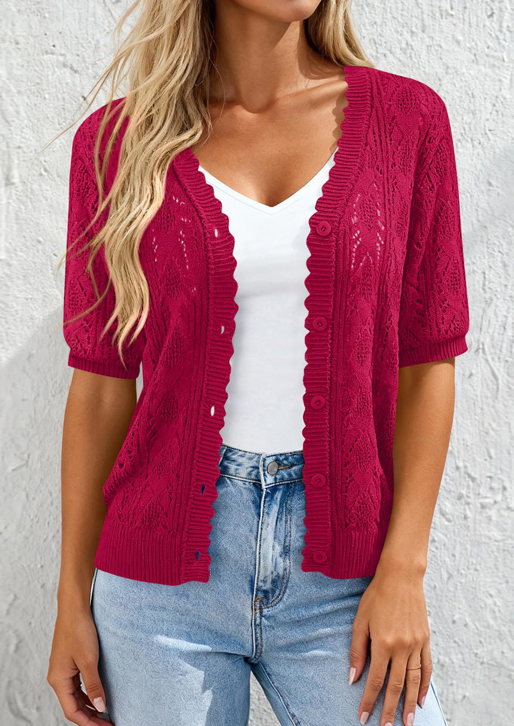 PRETTYGARDEN Short Sleeve Crochet Knit Summer Cardigans for Women Lightweight Button Down Hollow Out Sweater Beach Cover Up PRETTYGARDEN