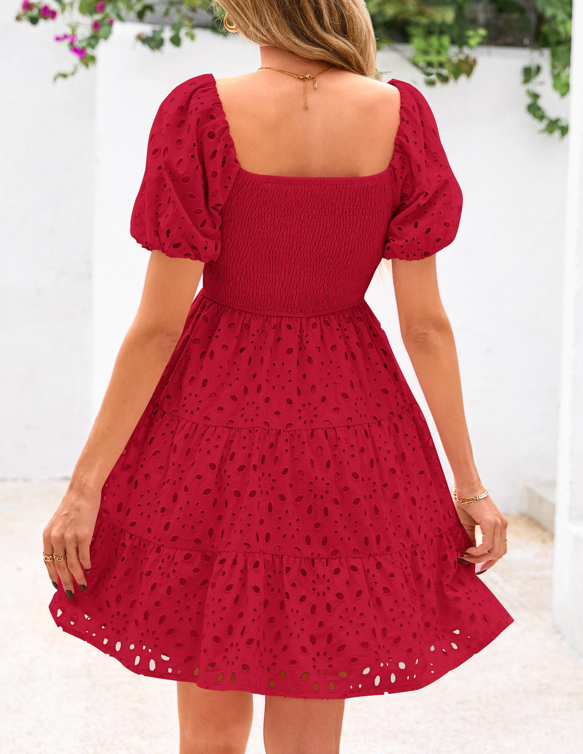 Womens Summer Puff Sleeve Mini Dress Off Shoulder Eyelet Smocked A Line Casual Babydoll Short Dresses