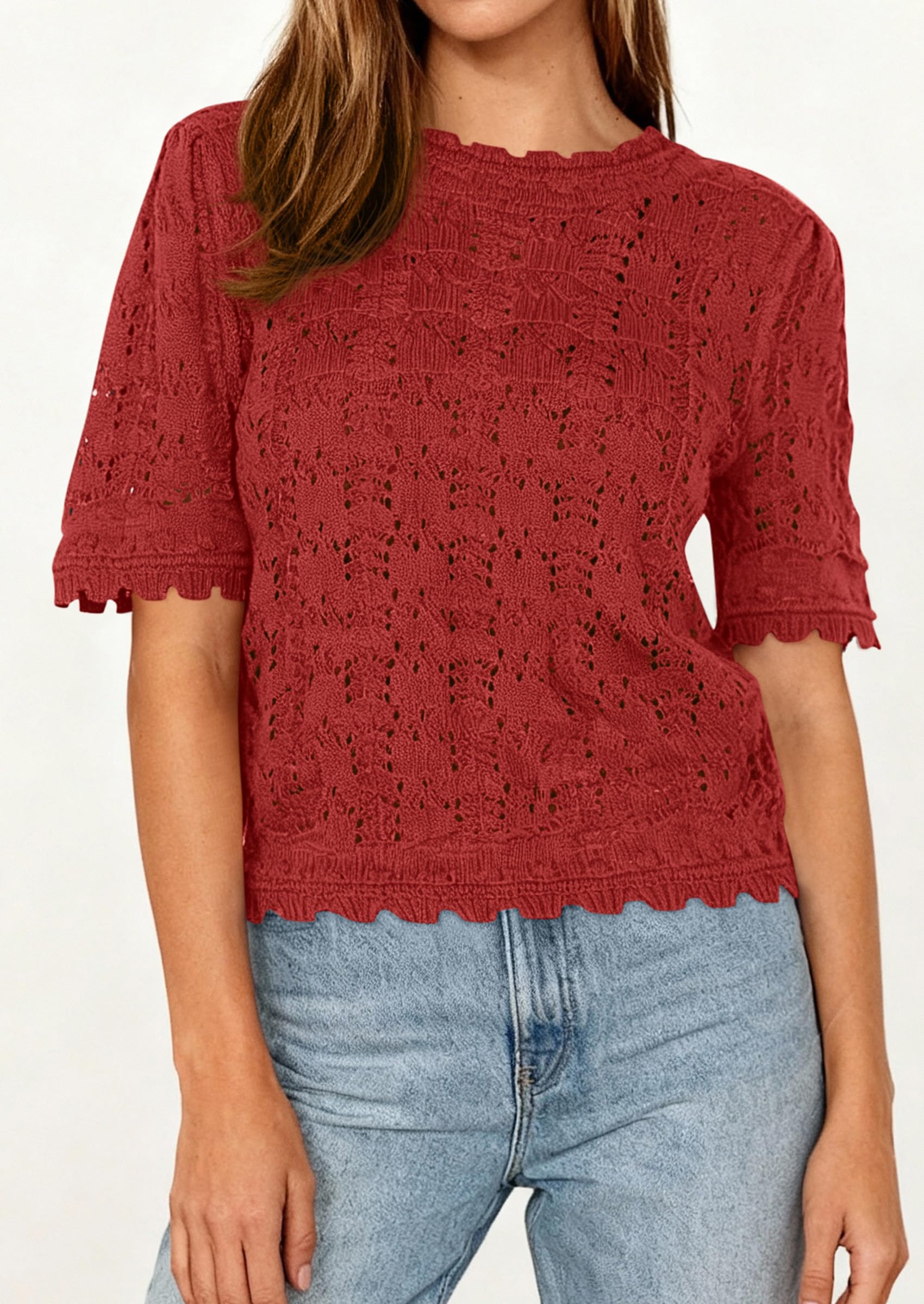 PRETTYGARDEN Women's Short Sleeve Sweater Trendy Crochet Summer Tops Casual Hollow Out Shirts Beach Vacation Clothes PRETTYGARDEN