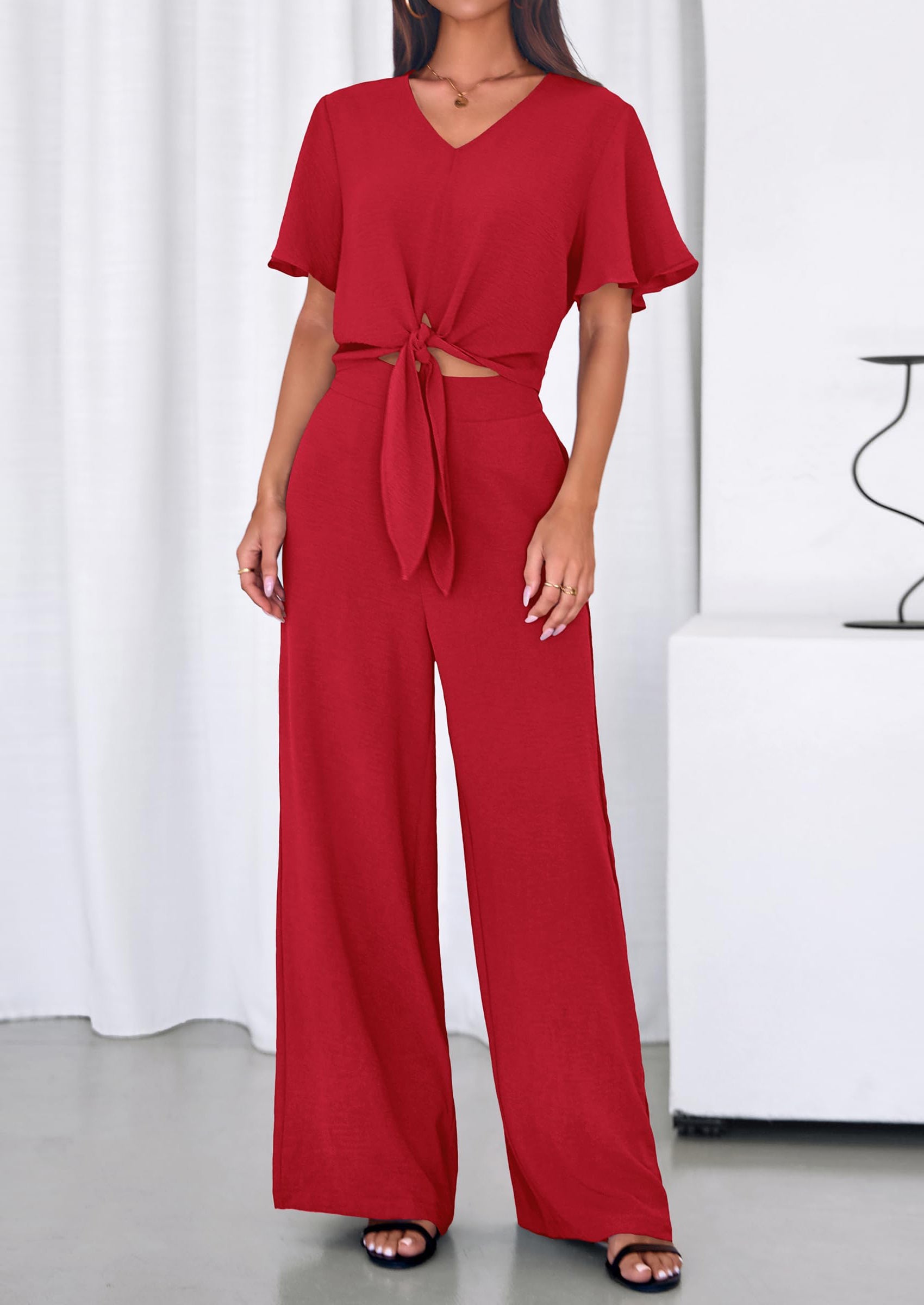 PRETTYGARDEN Women 2 Piece Summer Outfits Short Sleeve Strappy Top Wide Leg Pants Tracksuit Lounge Sets Beach Clothes PRETTYGARDEN