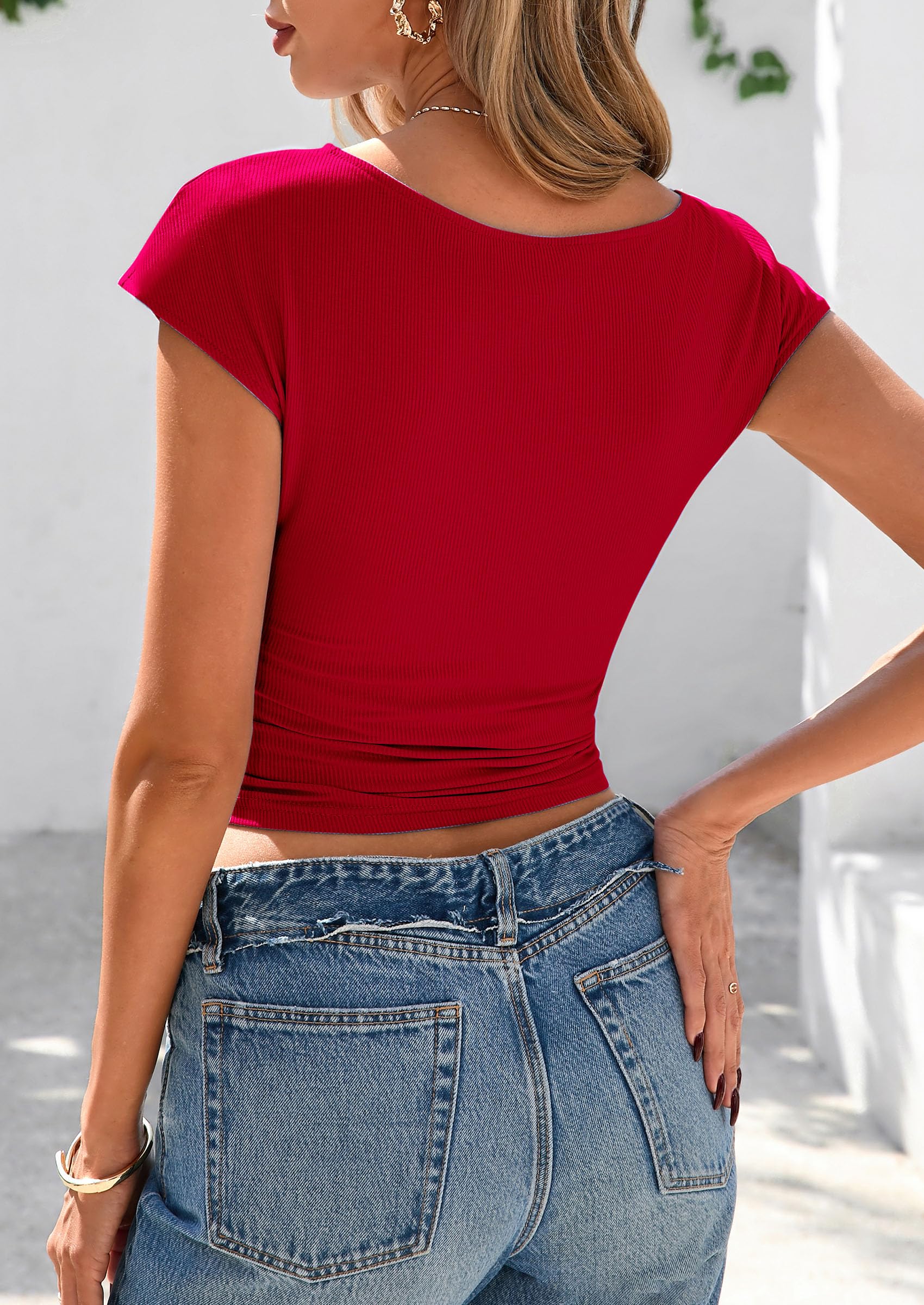 PRETTYGARDEN Women's Ruched Crop Tank Tops Summer Trendy Cap Sleeve Ribbed Knit Basic Fitted Going Out Tee Shirts