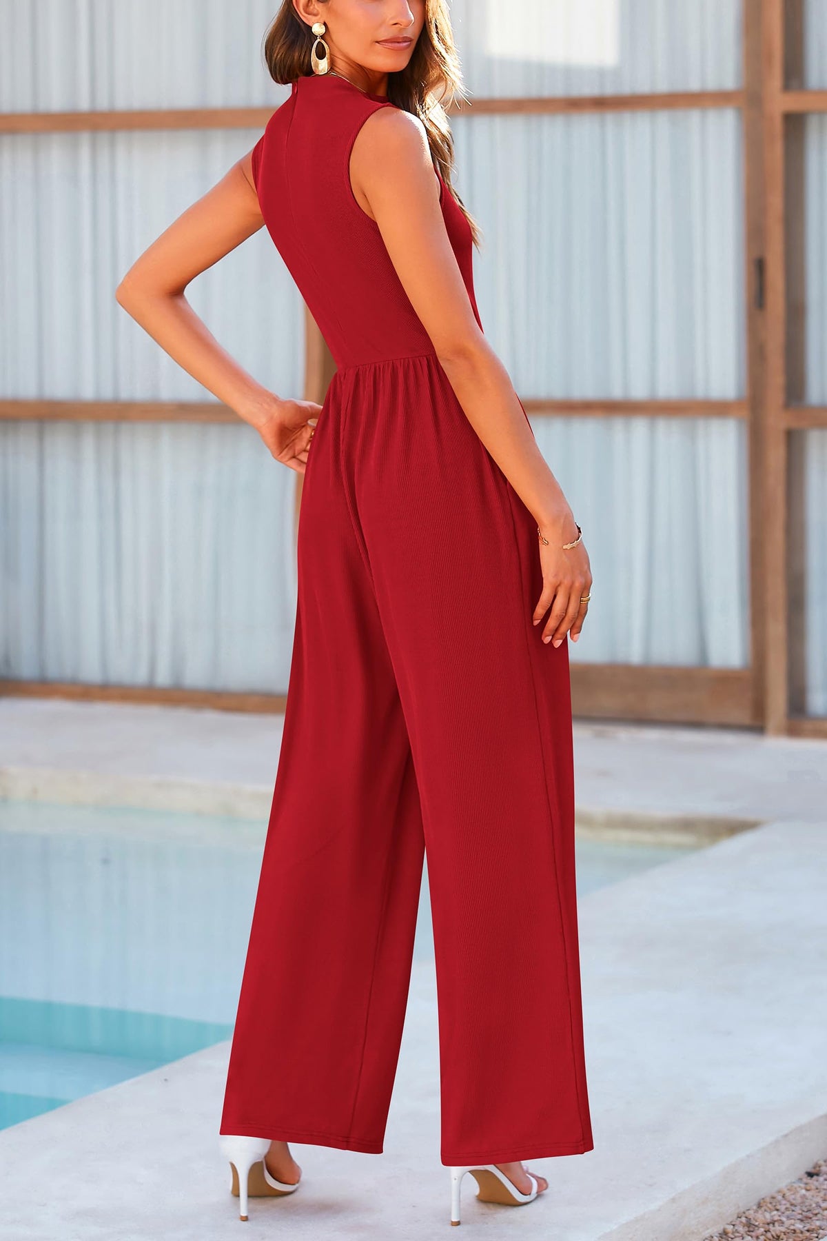 Sleeveless Mock Neck Wide Leg Jumpsuits With Pockets