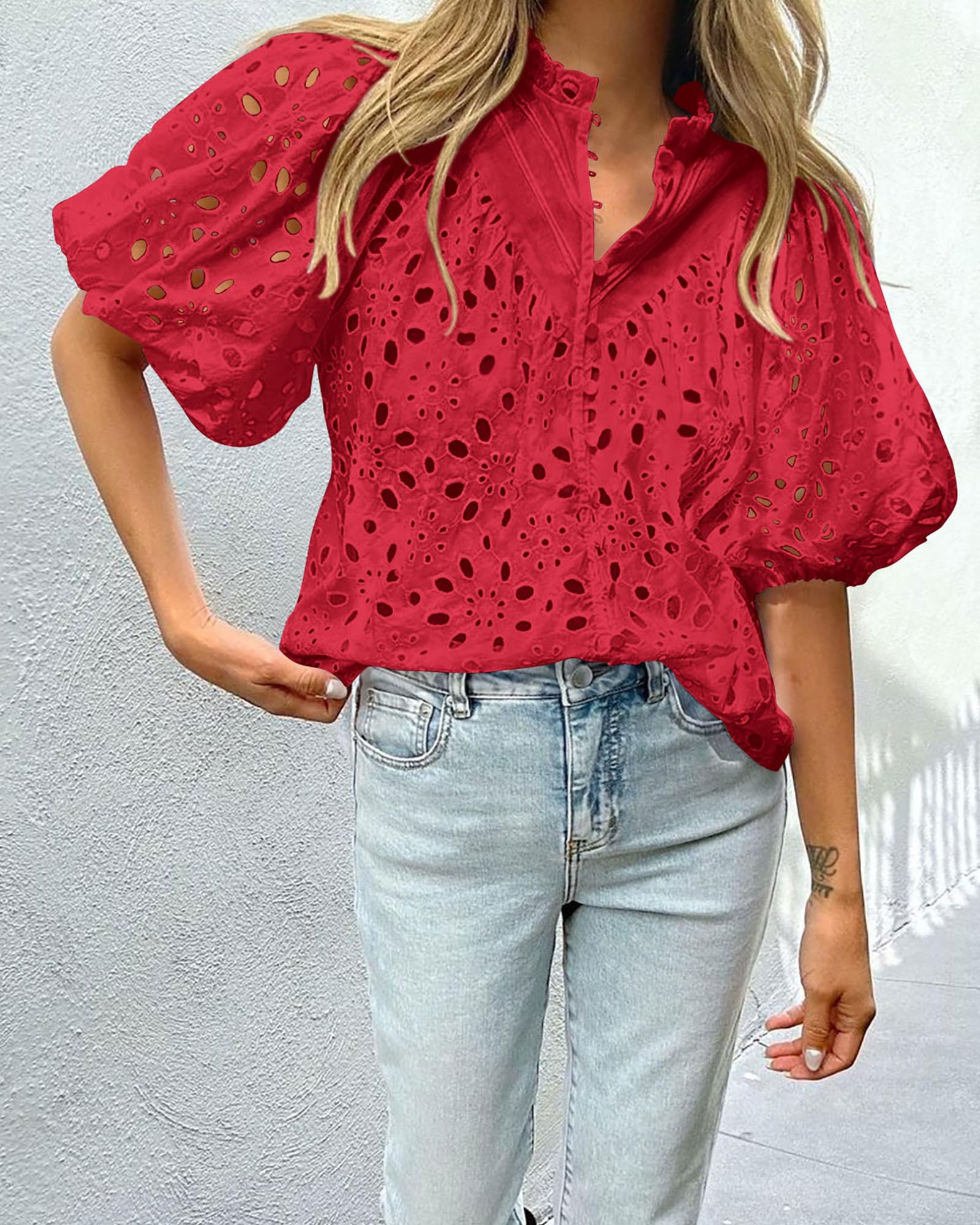 PRETTYGARDEN Women's Summer Short Sleeve Tops Dressy Casual Buttons V Neck Hollow Out Lace Embroidered Blouses Shirts