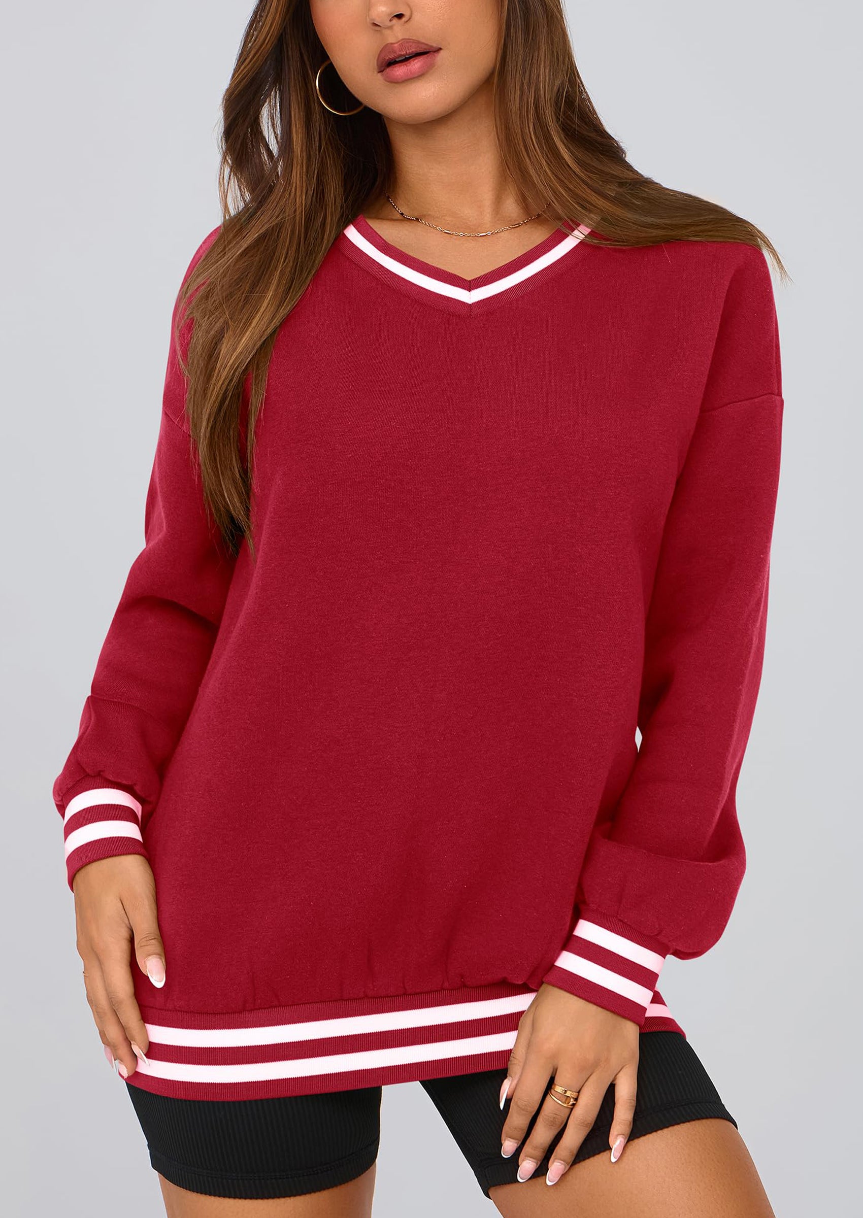 PRETTYGARDEN Women's Oversized Sweatshirts Casual Long Sleeve Stripes Knit V Neck Pullover Top Fall Teens Preppy Clothes