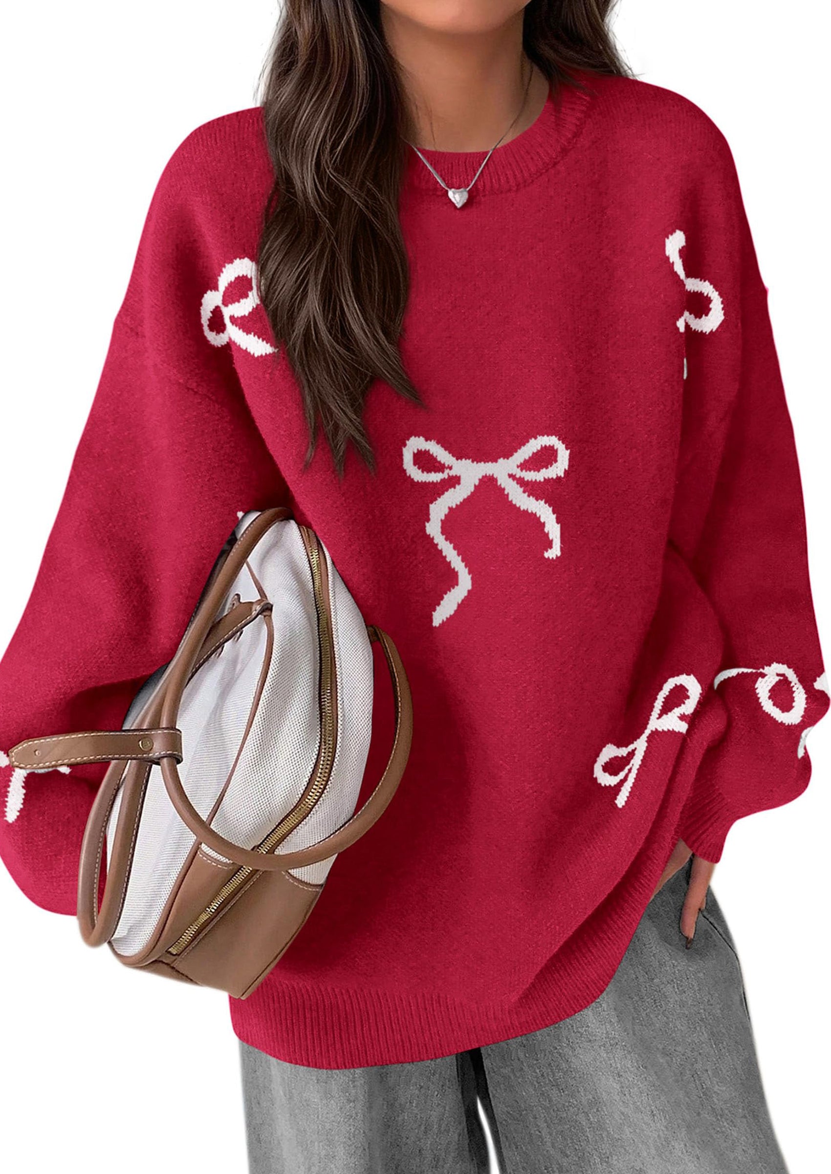 PRETTYGARDEN Fall Long Sleeve Pullover Sweaters for Women Trendy Crewneck Casual Cute Bow Chunky Knit Oversized Sweater