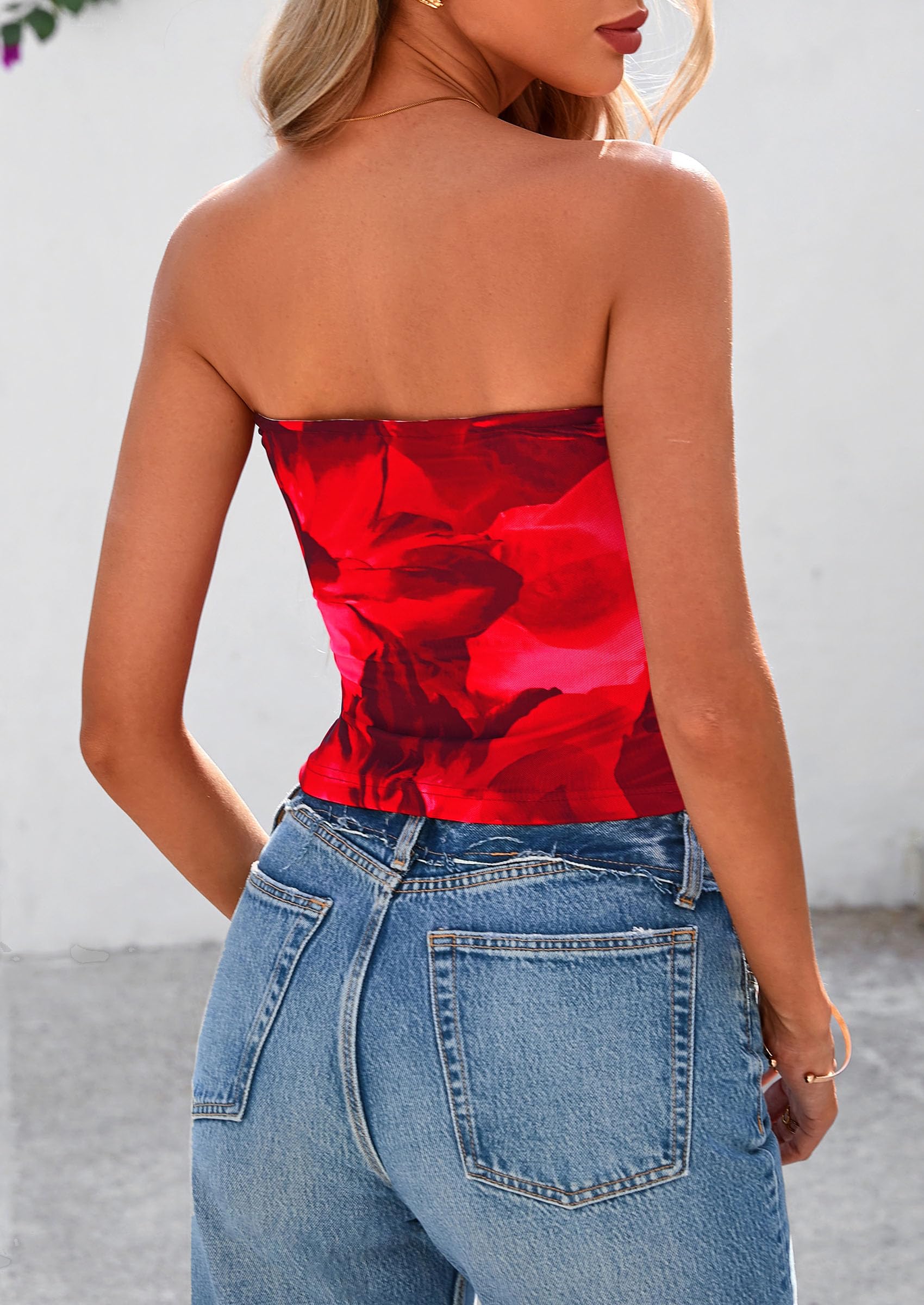 PRETTYGARDEN Strapless Tube Tops for Women Summer Mesh Floral Y2K Bandeau Cute Crop Top Trendy Going Out Outfits