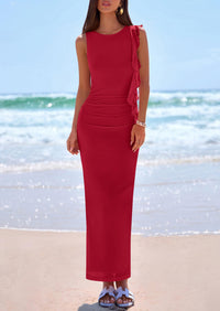 PRETTYGARDEN Women's Summer Maxi Dresses Sleeveless Ruffle Formal Wedding Guest Cocktail Mesh Bodycon Split Long Dress PRETTYGARDEN