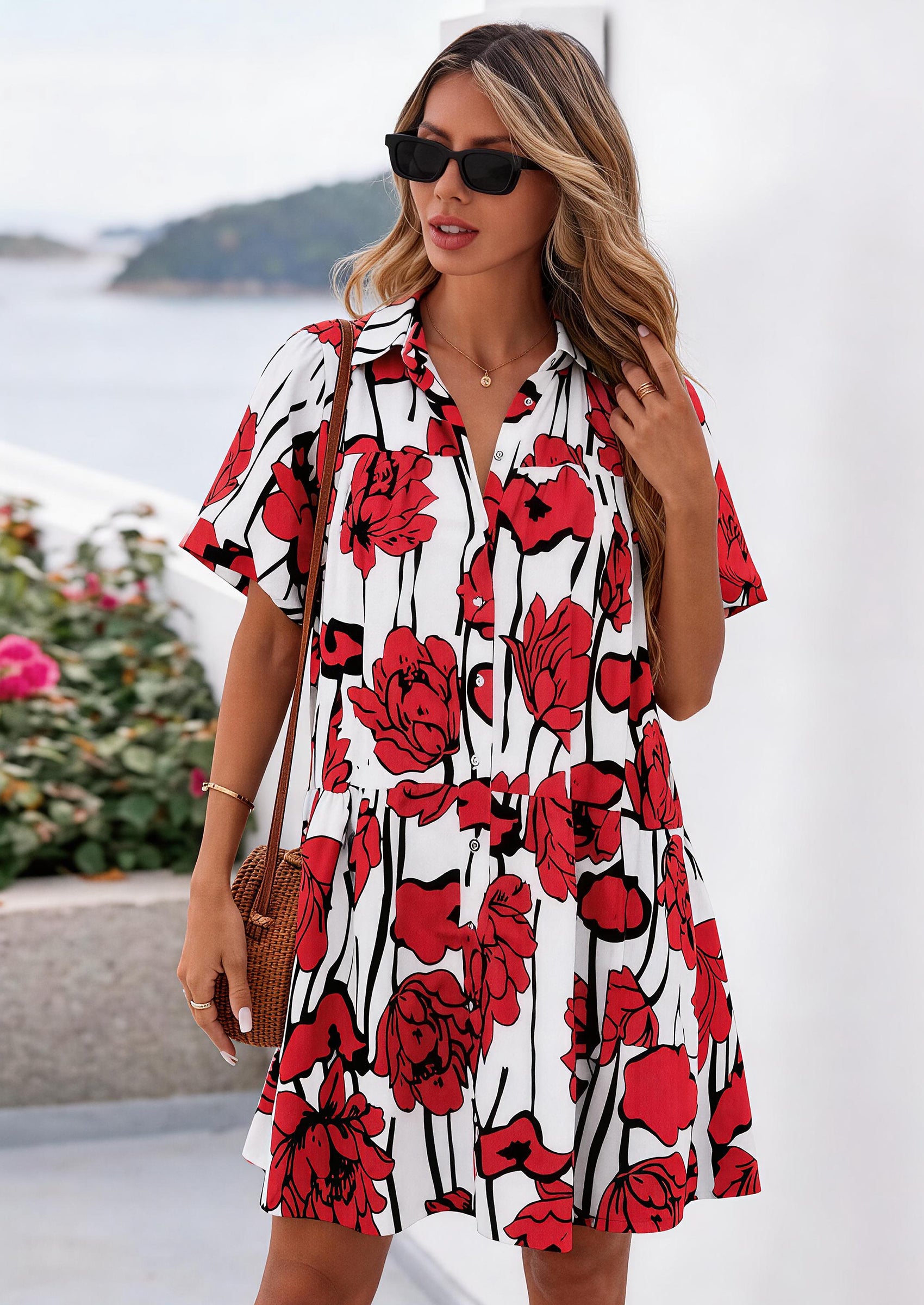 PRETTYGARDEN Womens Summer Dresses Casual Puff Sleeve Button Down Mini Shirt Dress Boho Floral Babydoll Sun Dress