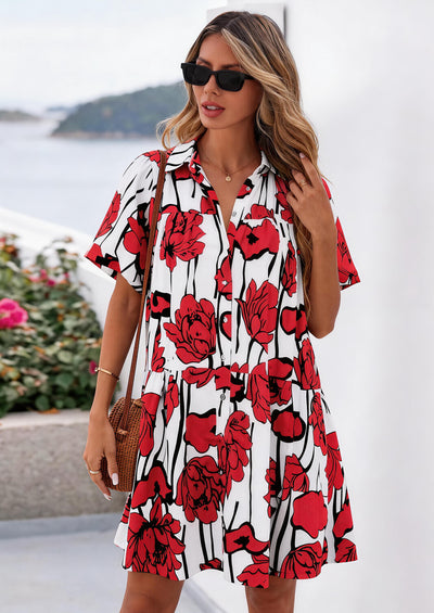 PRETTYGARDEN Womens Summer Dresses Casual Puff Sleeve Button Down Mini Shirt Dress Boho Floral Babydoll Sun Dress