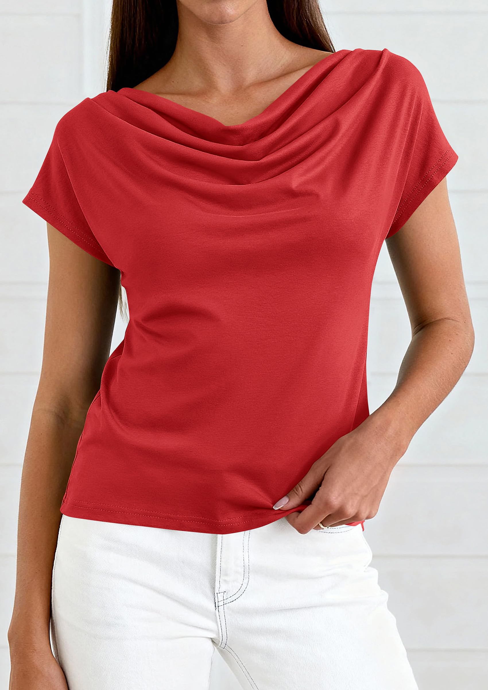 PRETTYGARDEN Blouses for Women Dressy Casual 2026 Summer Cowl Neck Short Sleeve Tops Spring Work Office Teacher Shirts PRETTYGARDEN