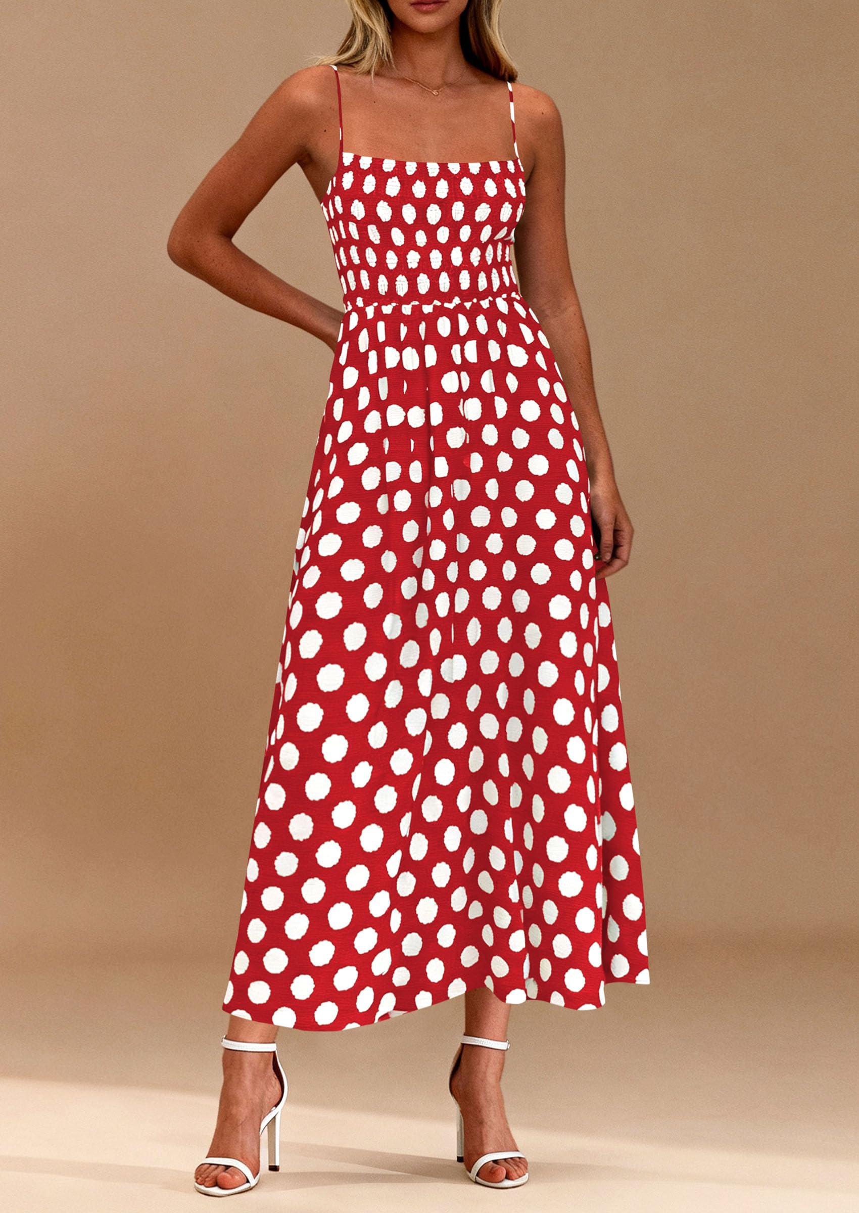 PRETTYGARDEN Womens Summer Dresses Spring Sleeveless Spaghetti Straps Casual Midi Dress Polka Dot Smocked Beach Sundress PRETTYGARDEN