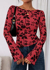 PRETTYGARDEN Women Long Sleeve Floral Mesh Tops Blouse  Fall Trendy Boat Neck Ruched Fitted Shirt Going Out Date Outfits