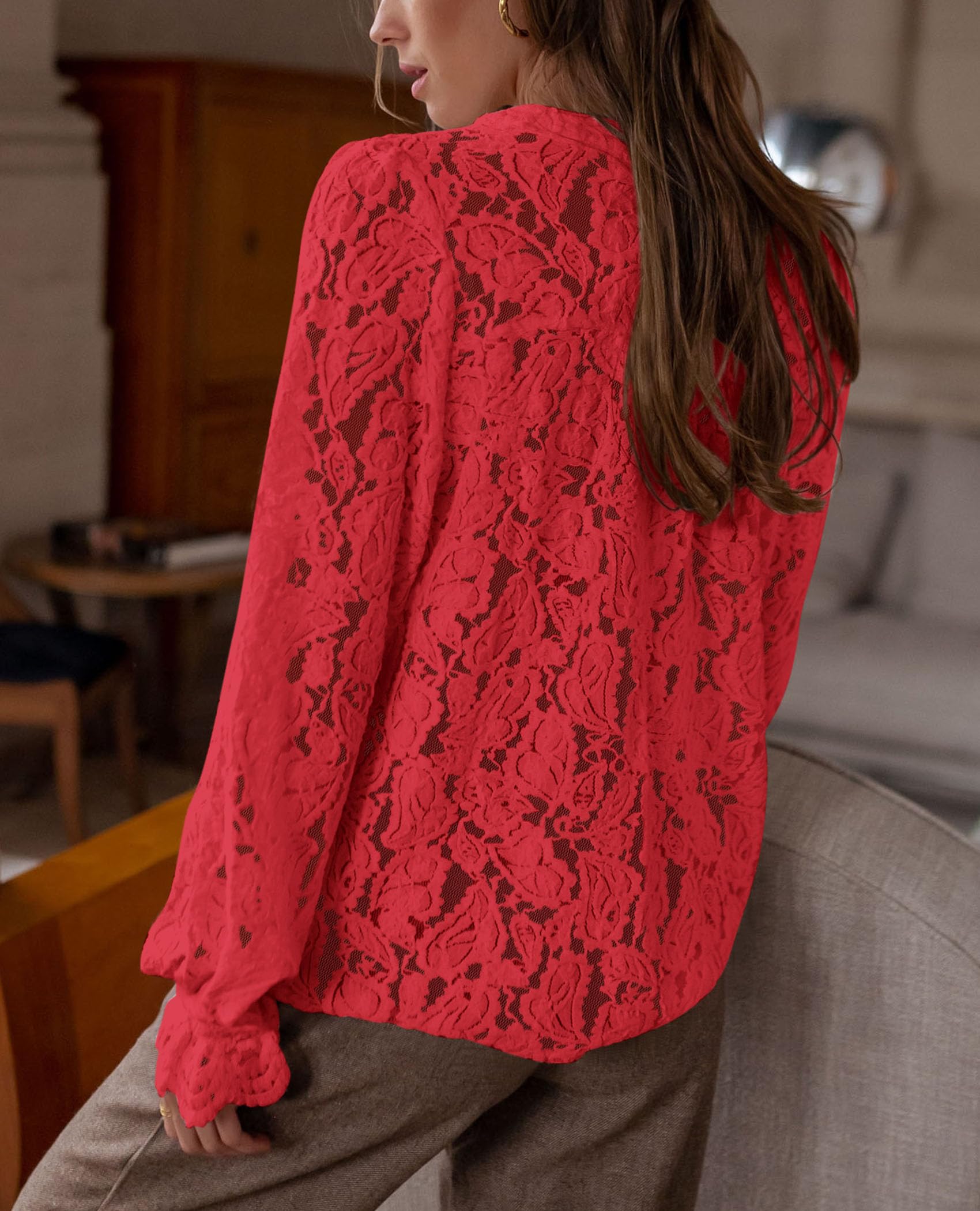 PRETTYGARDEN Women's Dressy Casual Lace Blouse Long Sleeve Button Up Shirts Tops Spring Fall Fashion Clothes