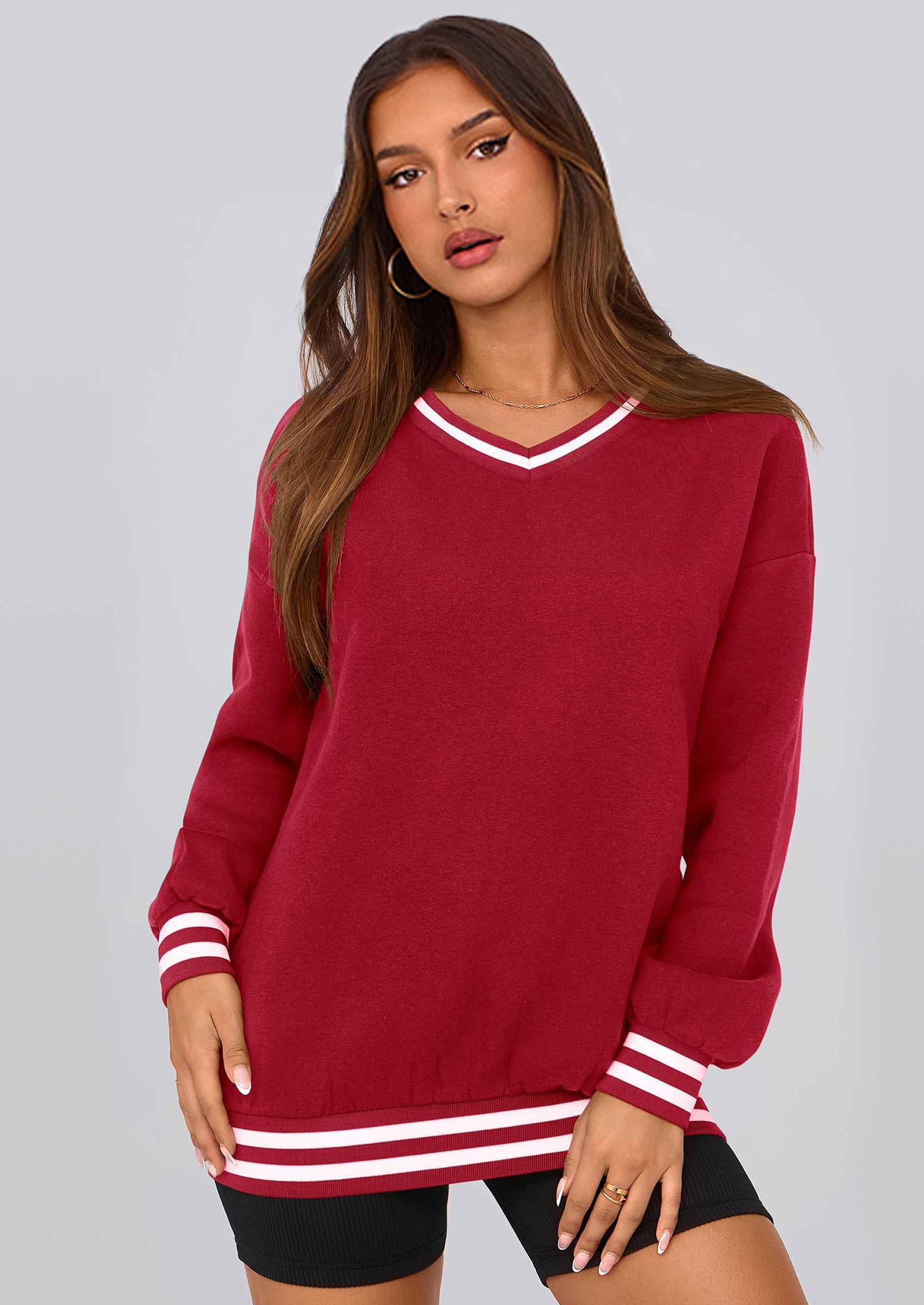 PRETTYGARDEN Women's Oversized Sweatshirts Casual Long Sleeve Stripes Knit V Neck Pullover Top Fall Teens Preppy Clothes