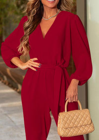 PRETTYGARDEN Women's Fall Jumpsuits Dressy Casual Pants Romper Spring Long Sleeve V Neck Belt Pockets One Piece Outfits