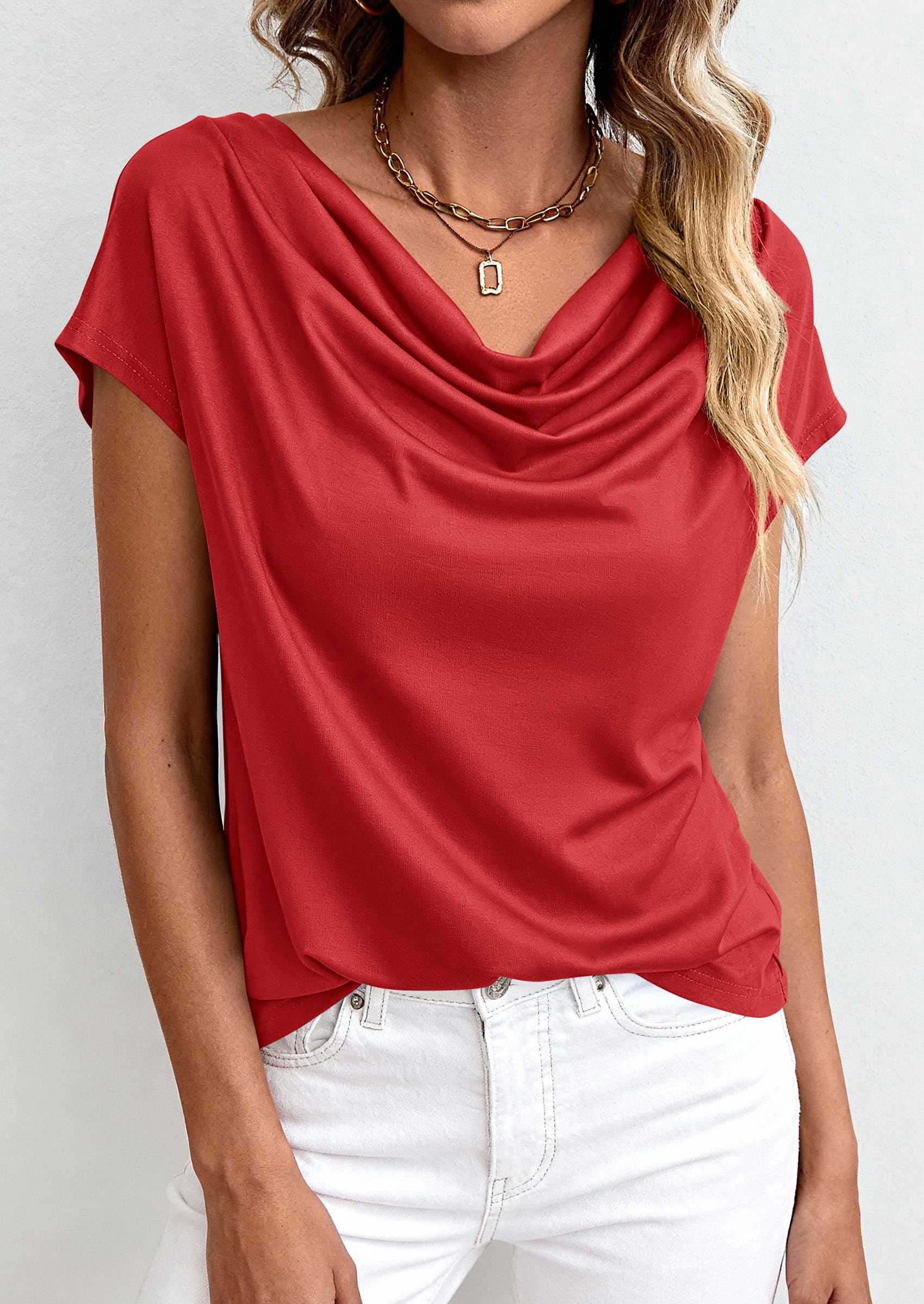 PRETTYGARDEN Blouses for Women Dressy Casual 2026 Summer Cowl Neck Short Sleeve Tops Spring Work Office Teacher Shirts PRETTYGARDEN