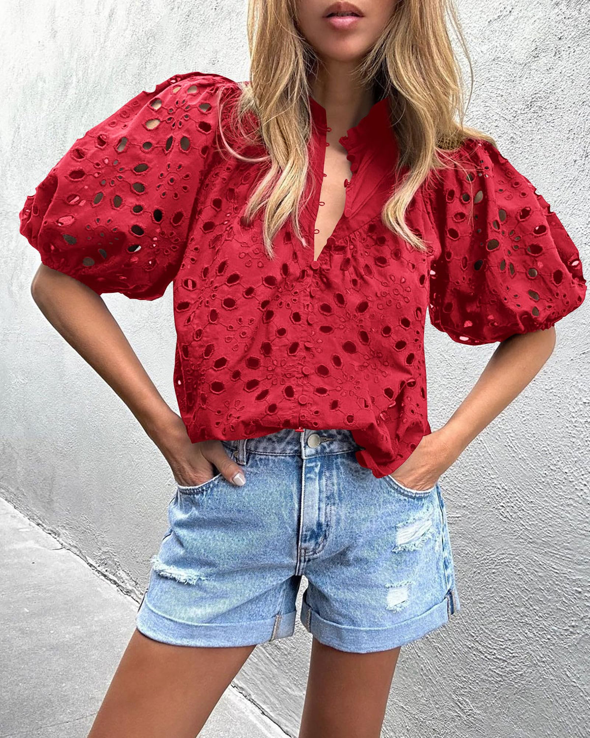 Casual Short Lantern Sleeve V Neck Buttons Hollow Out Lace Embroidered Blouses