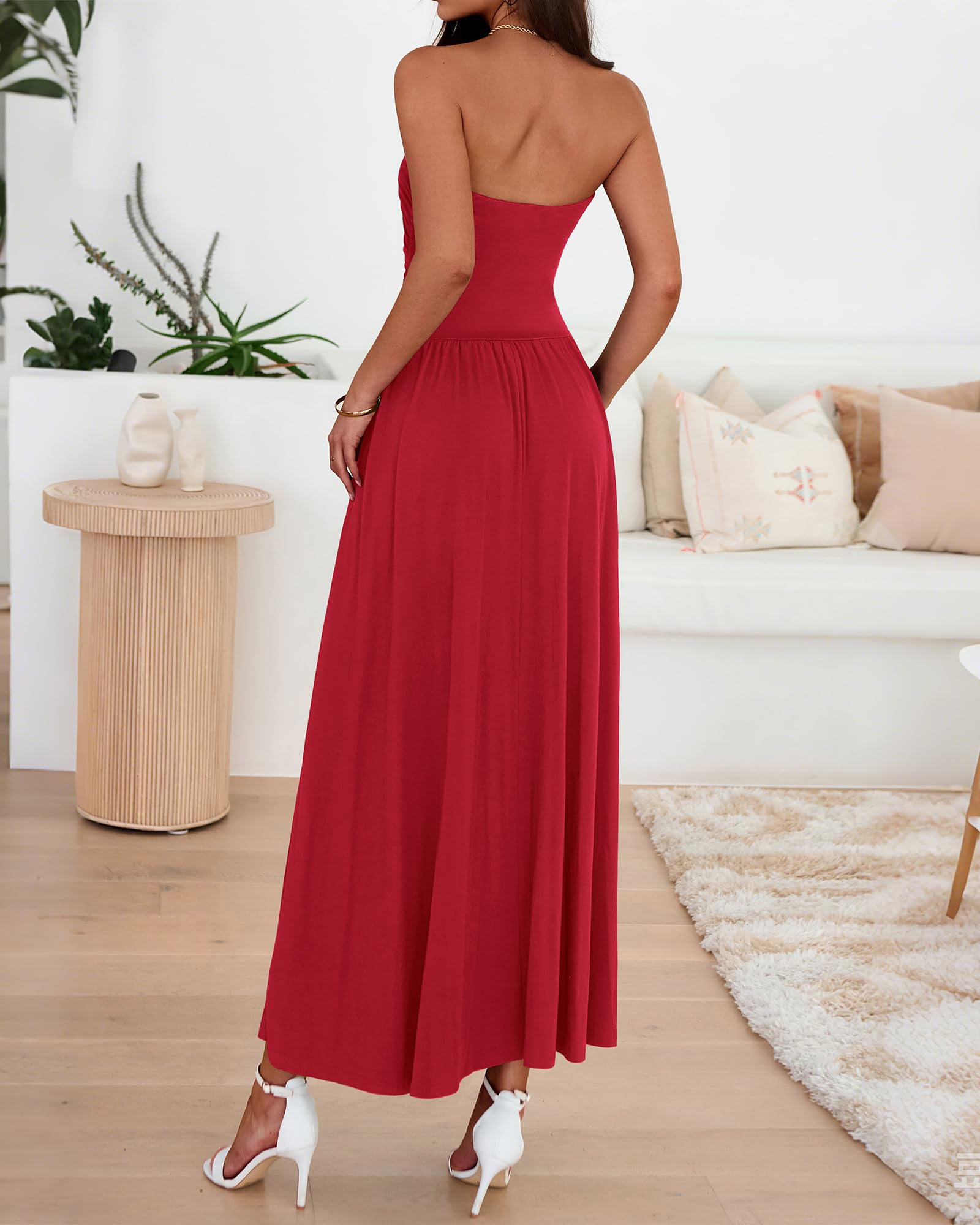 BTFBM Summer Maxi Dresses for Women Strapless Ruched Tube Top Beach Vacation Spring Wedding Guest Dress Pockets PRETTYGARDEN