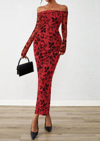 PRETTYGARDEN Womens Off The Shoulder Floral Maxi Bodycon Dress Fall Long Sleeve Mesh Fitted Long Formal Wedding Guest Dresses PRETTYGARDEN