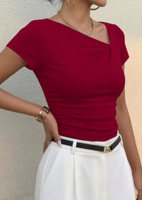 PRETTYGARDEN Women's Summer Asymmetrical Y2K Tops Trendy Ribbed Short Sleeve Fitted Tee Shirts Spring Fashion Clothing PRETTYGARDEN