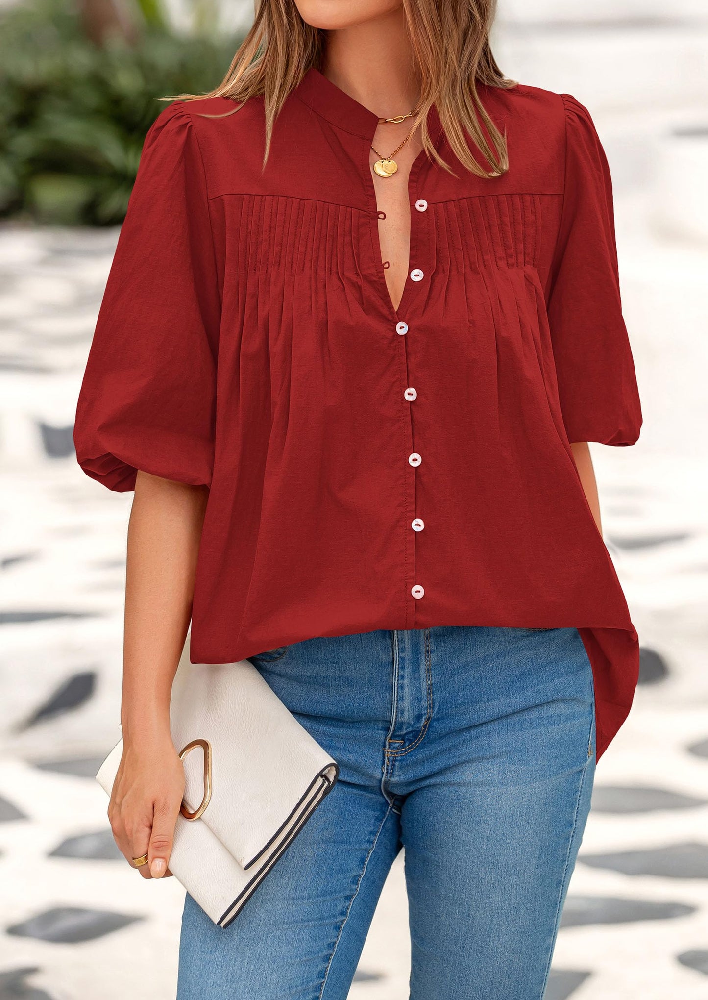 Women's 2025 Summer Short Lantern Sleeve Tops Loose Fit Button Down Shirt Casual Pleated V Neck Blouses