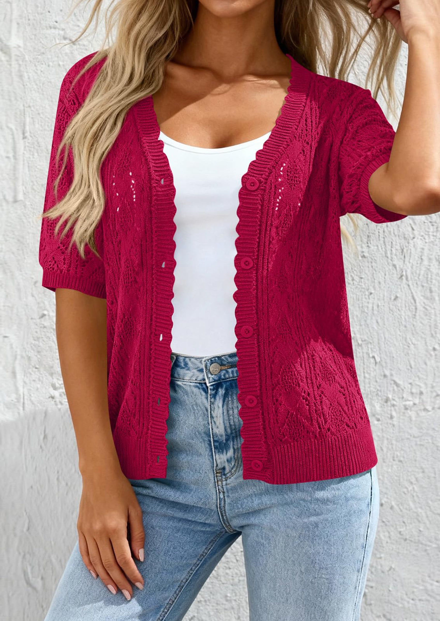 PRETTYGARDEN Short Sleeve Crochet Knit Summer Cardigans for Women Lightweight Button Down Hollow Out Sweater Beach Cover Up PRETTYGARDEN