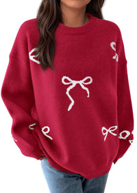 PRETTYGARDEN Fall Long Sleeve Pullover Sweaters for Women Trendy Crewneck Casual Cute Bow Chunky Knit Oversized Sweater
