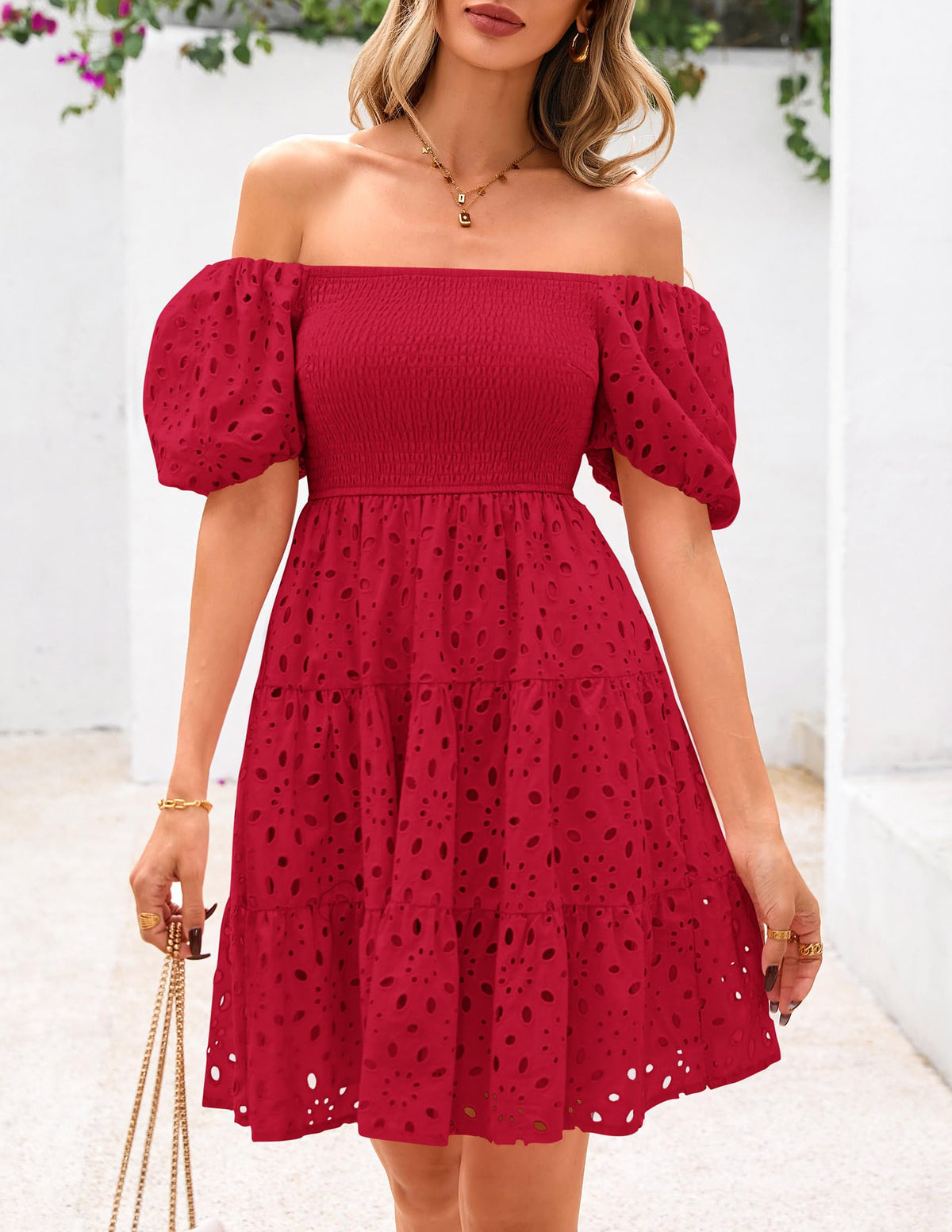 Womens Summer Puff Sleeve Mini Dress Off Shoulder Eyelet Smocked A Line Casual Babydoll Short Dresses